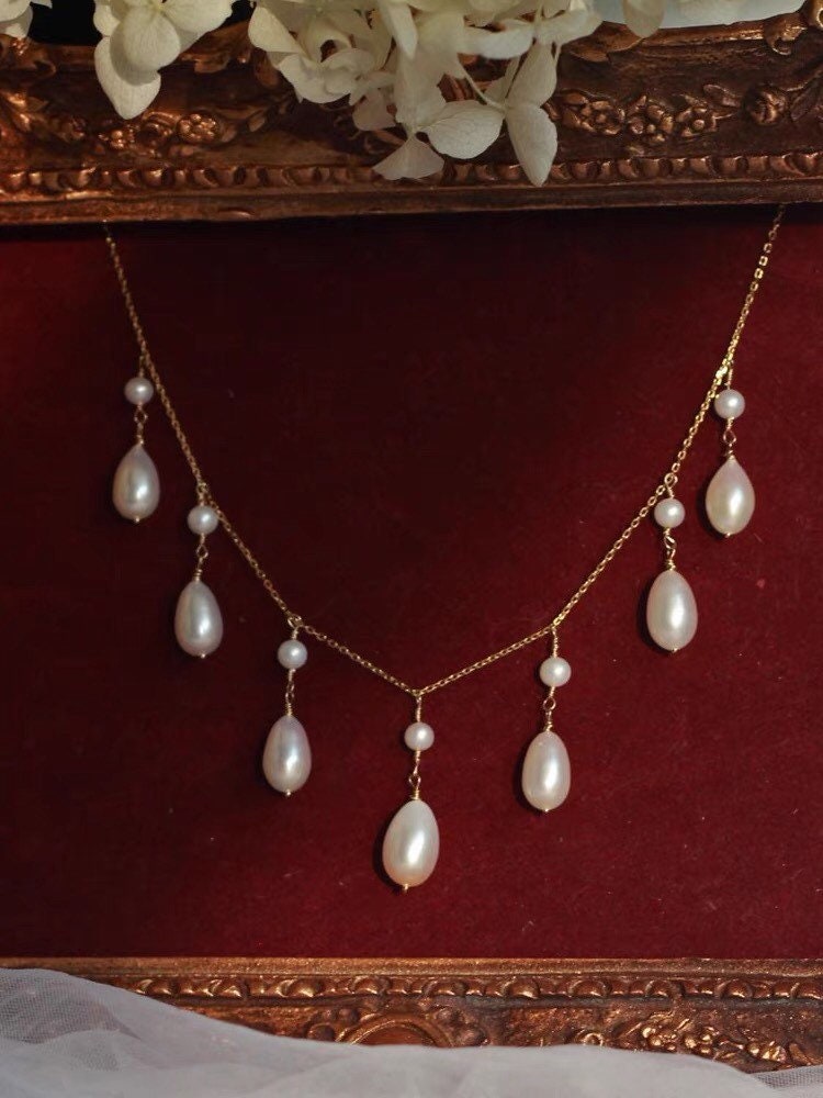 14K gold filled freshwater pearl France style lace necklace. Multiple-Layered dangle pearl necklace. Wedding necklace. Bridal necklace.