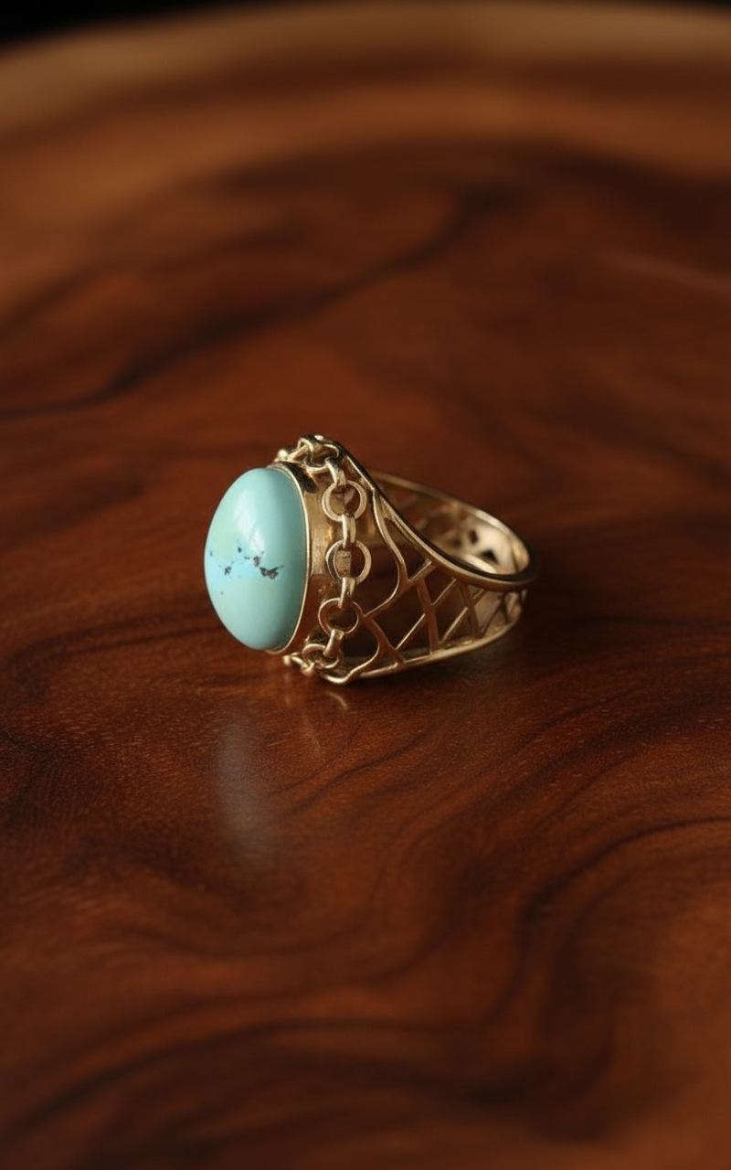 18K solid gold natural turquoise round filigree ring. Turquoise ring. December Brithstone. Wide Solid 18K Gold Turquoise lace ring.