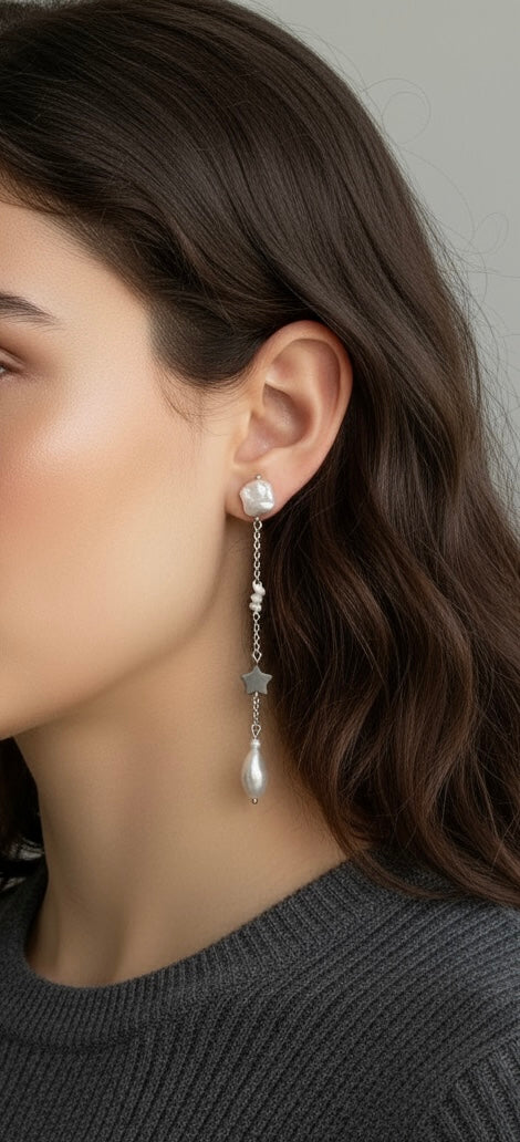 Freshwater baroque pearl long dangle star earrings. Dainty pearl earring. Minimalist pearl earrings. Elegant earring. Wedding earrings