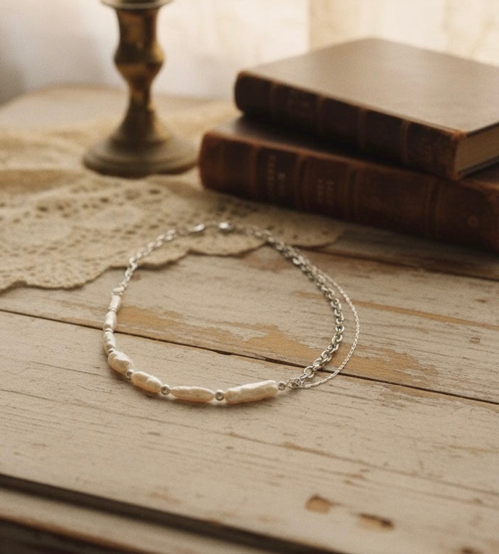 925 sterling silver freshwater keshi pearl half chain layered necklace. Biwa pearl statement necklace. Boho necklace. OT chunky necklace.