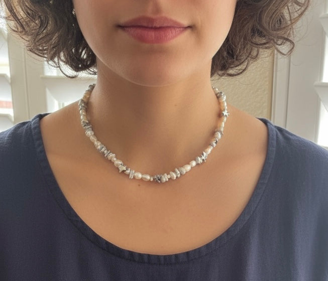 14K gold filled genuine multi-shape freshwater pearl necklaces. Adjustable freshwater pearl choker necklace. Petal pearl necklace.