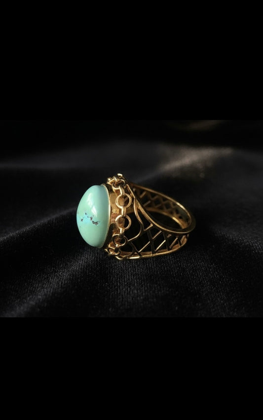 18K solid gold natural turquoise round filigree ring. Turquoise ring. December Brithstone. Wide Solid 18K Gold Turquoise lace ring.