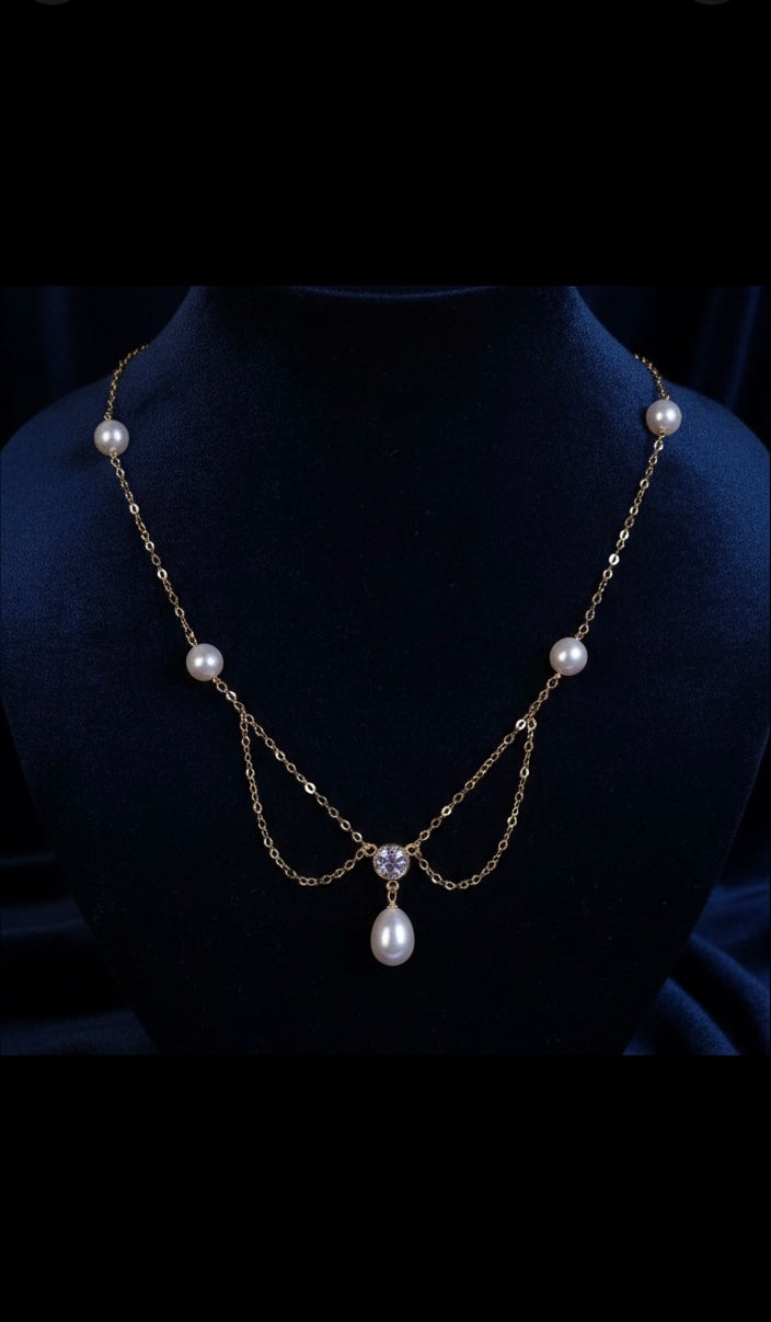 14k gold filled freshwater pearl France style double chain elegant dangle necklace. Wave necklace. Bridal necklace.