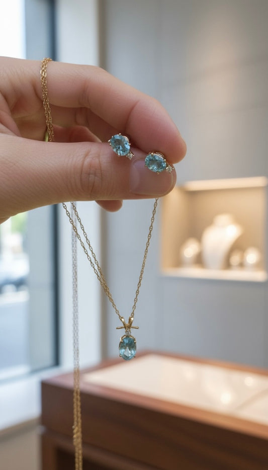 14K solid gold Blue Topaz diamond jewelry set. vintage brand jewelry set.