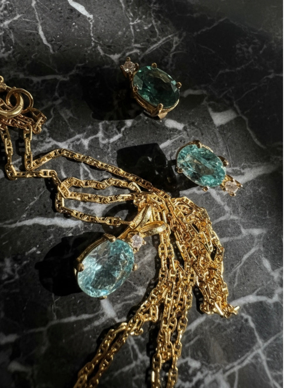 14K solid gold Blue Topaz diamond jewelry set. vintage brand jewelry set.