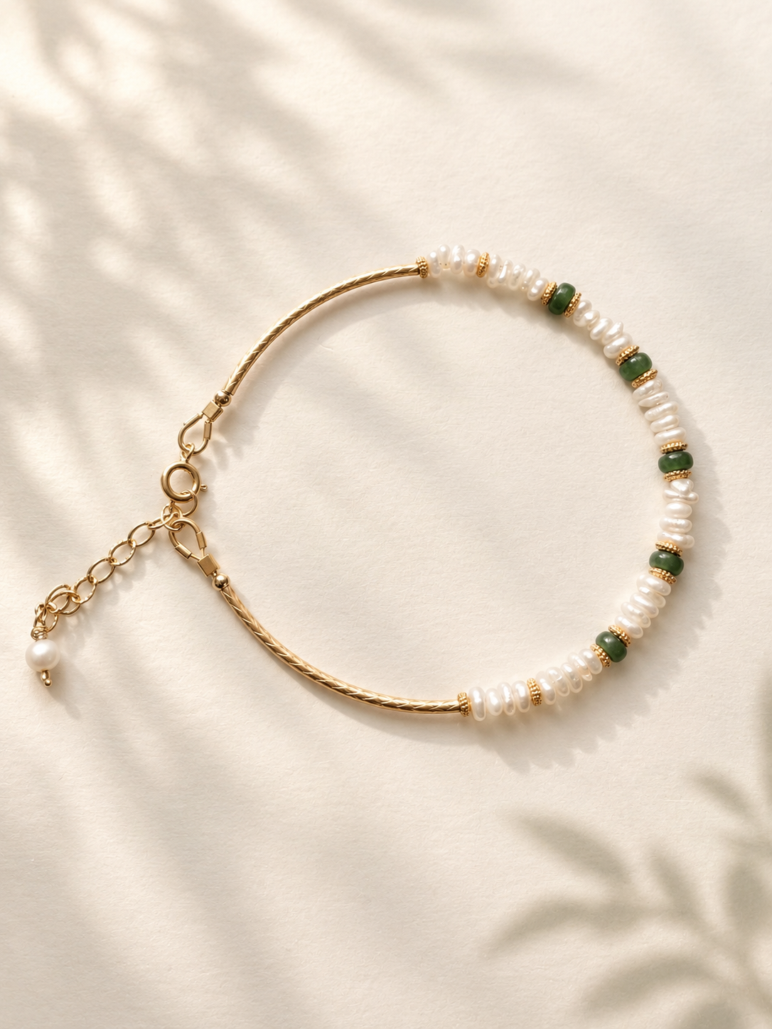 Natural Green Jadeite & Freshwater Pearl Bracelet, 14K Gold Filled