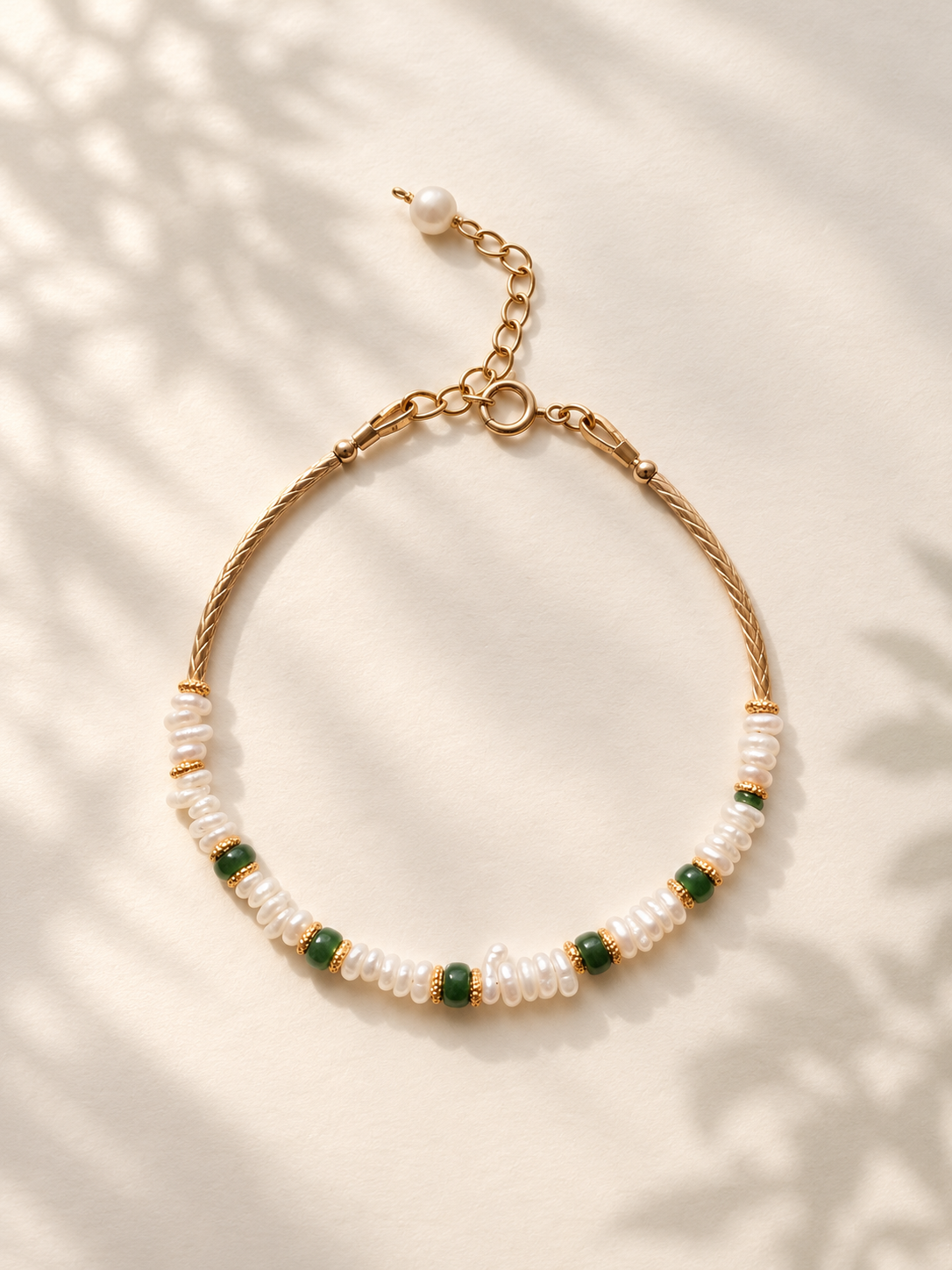 Natural Green Jadeite & Freshwater Pearl Bracelet, 14K Gold Filled