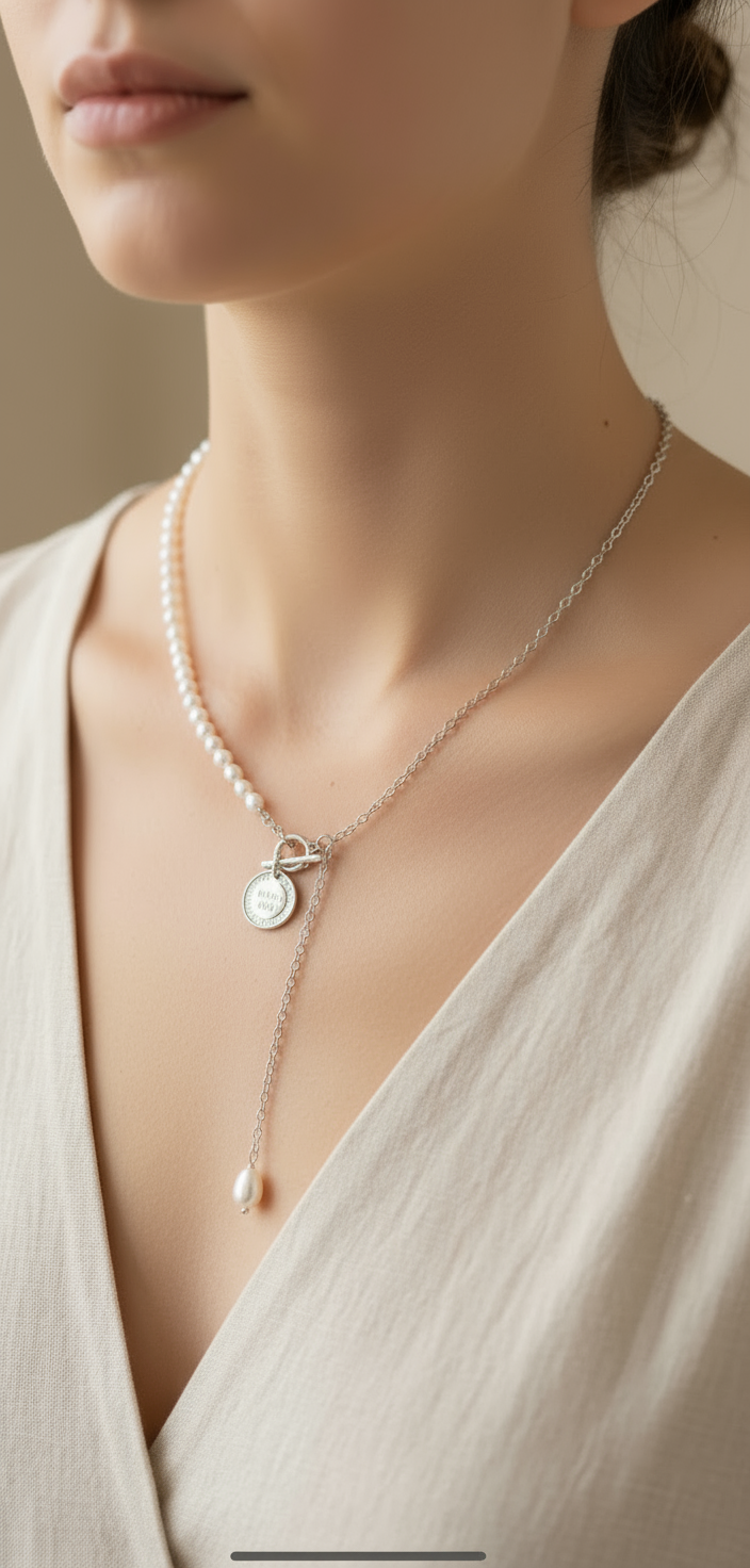 925 sterling silver freshwater pearl half chain dangle necklace. Real pearl statement necklace. Boho pearl necklace. Coin necklace