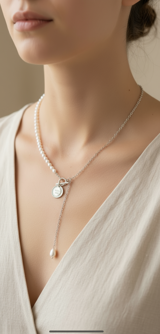 925 sterling silver freshwater pearl half chain dangle necklace. Real pearl statement necklace. Boho pearl necklace. Coin necklace