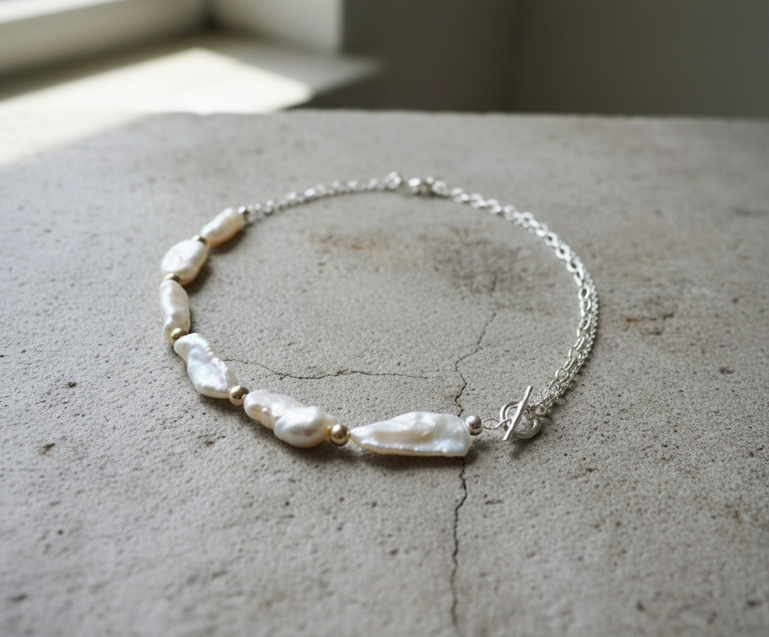 925 sterling silver freshwater keshi pearl half chain layered necklace. Biwa pearl statement necklace. Boho necklace. OT chunky necklace.