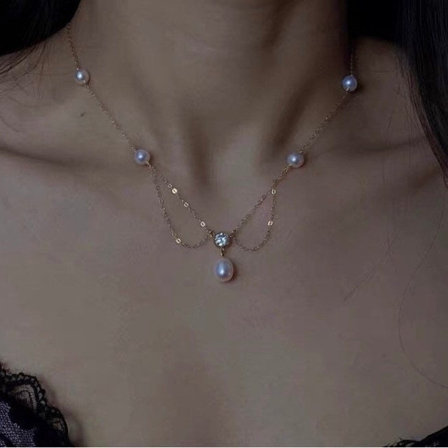 14k gold filled freshwater pearl France style double chain elegant dangle necklace. Wave necklace. Bridal necklace.