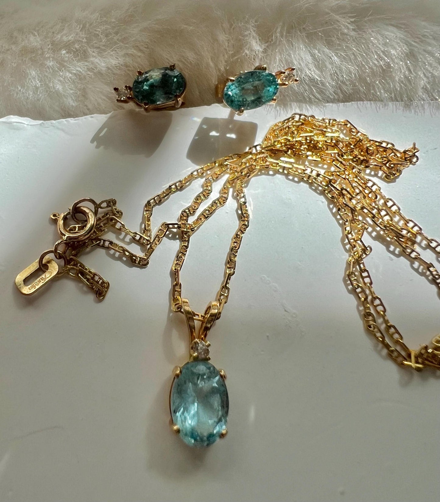 14K solid gold Blue Topaz diamond jewelry set. vintage brand jewelry set.