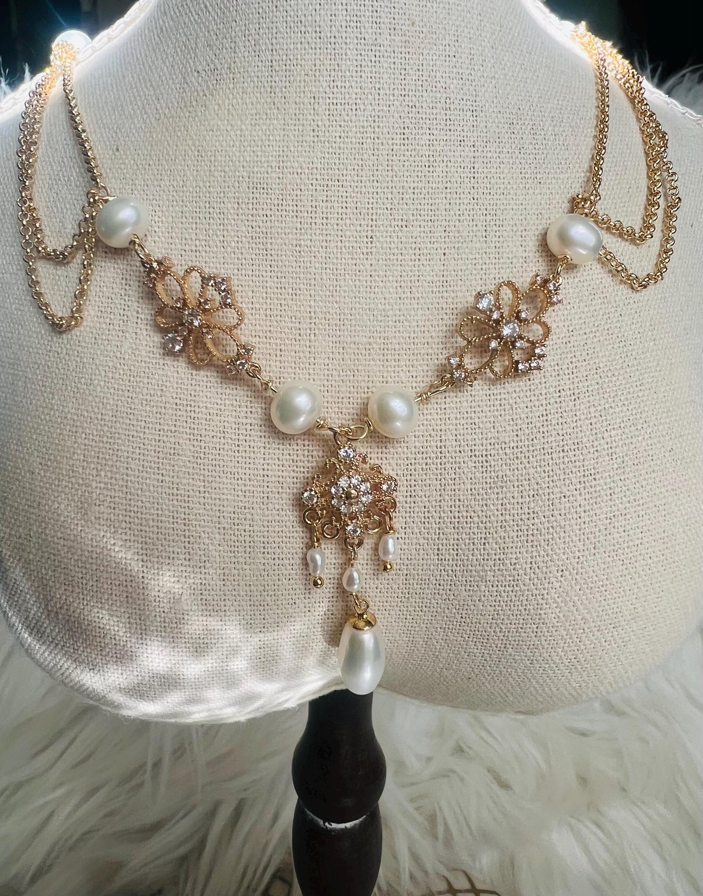 Vintage style freshwater pearl filigree necklace. Art nouveau necklace. Diamonds necklace. Victoria style necklace. Gift for her