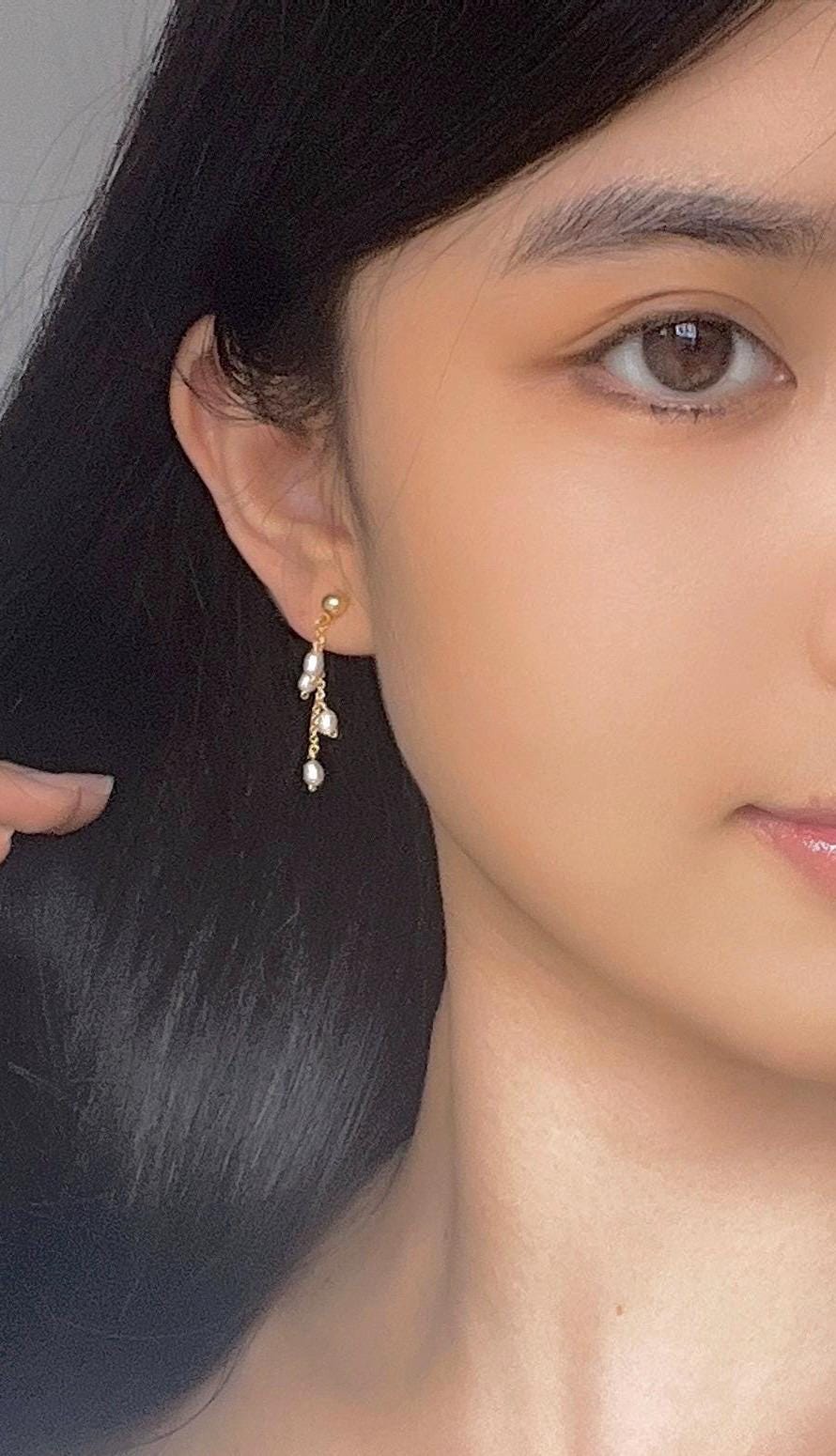 14K gold filled stud long chain dangle pearl earring. Fleurette earring. Bridesmaid gift. Boho wedding pearl earring. Bridal earring.