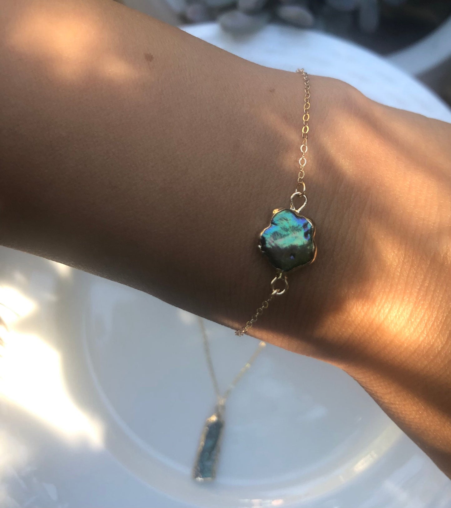 Peacock Baroque pearls front back stud earring. Unique large irregular pearl earring. Green and blue baroque pearl drop earring. Wedding.