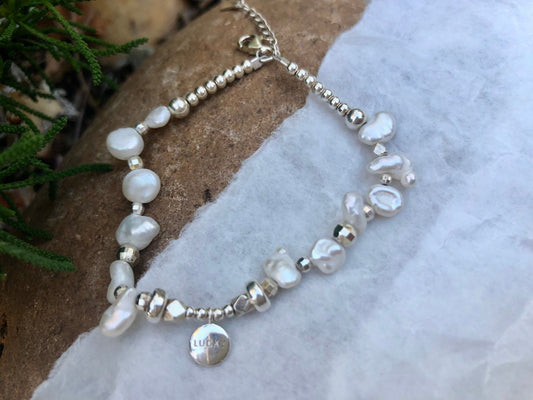 925 sterling silver freshwater pearl Dangle lucky designs bracelet. Baroque petal pearl bracelet. Adorable bracelet. Boho bracelet