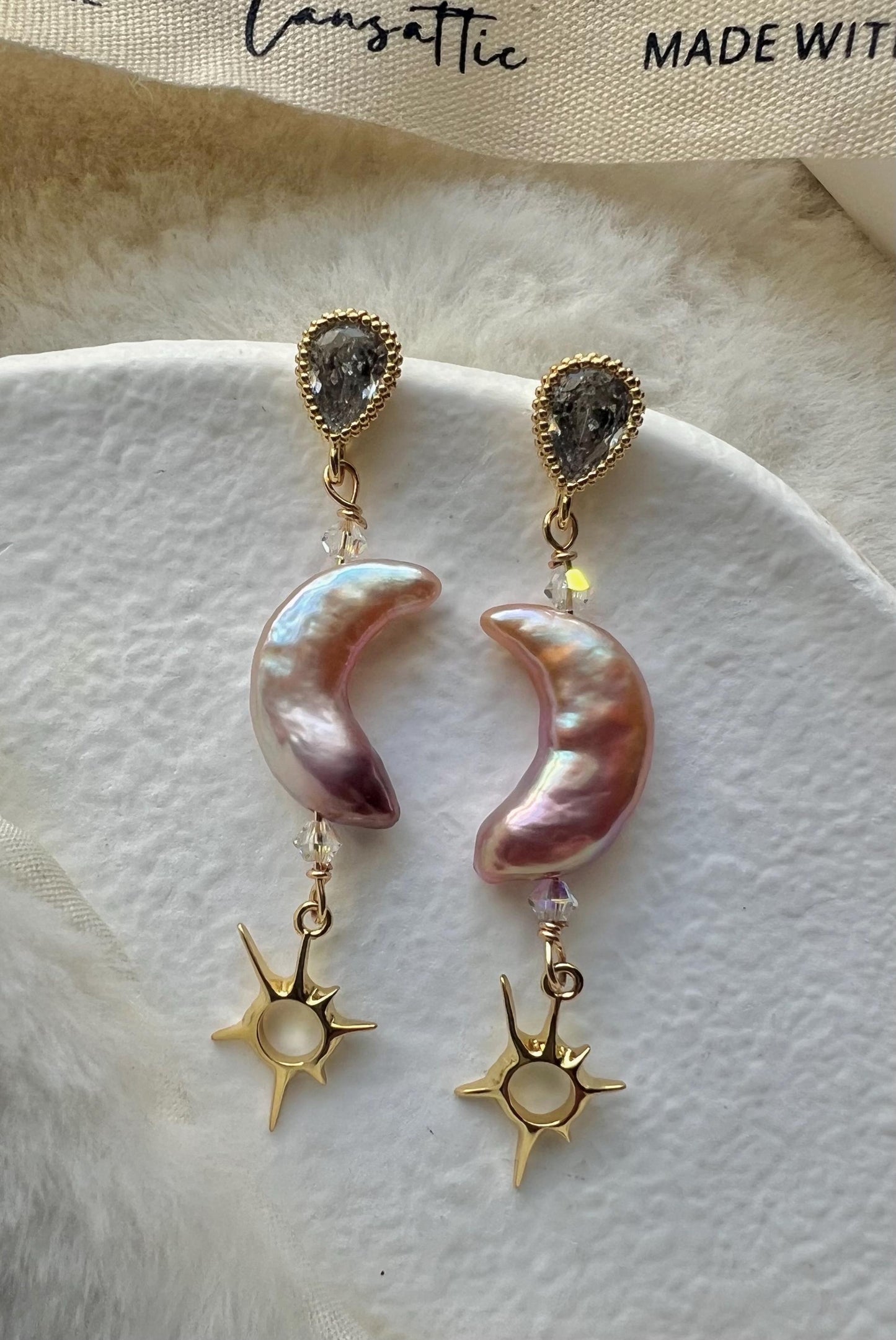 Moon shaped freshwater baroque pearl earring. Moon and star earrings. Crystal dangle Bridal earrings. Space sparkle earrings.