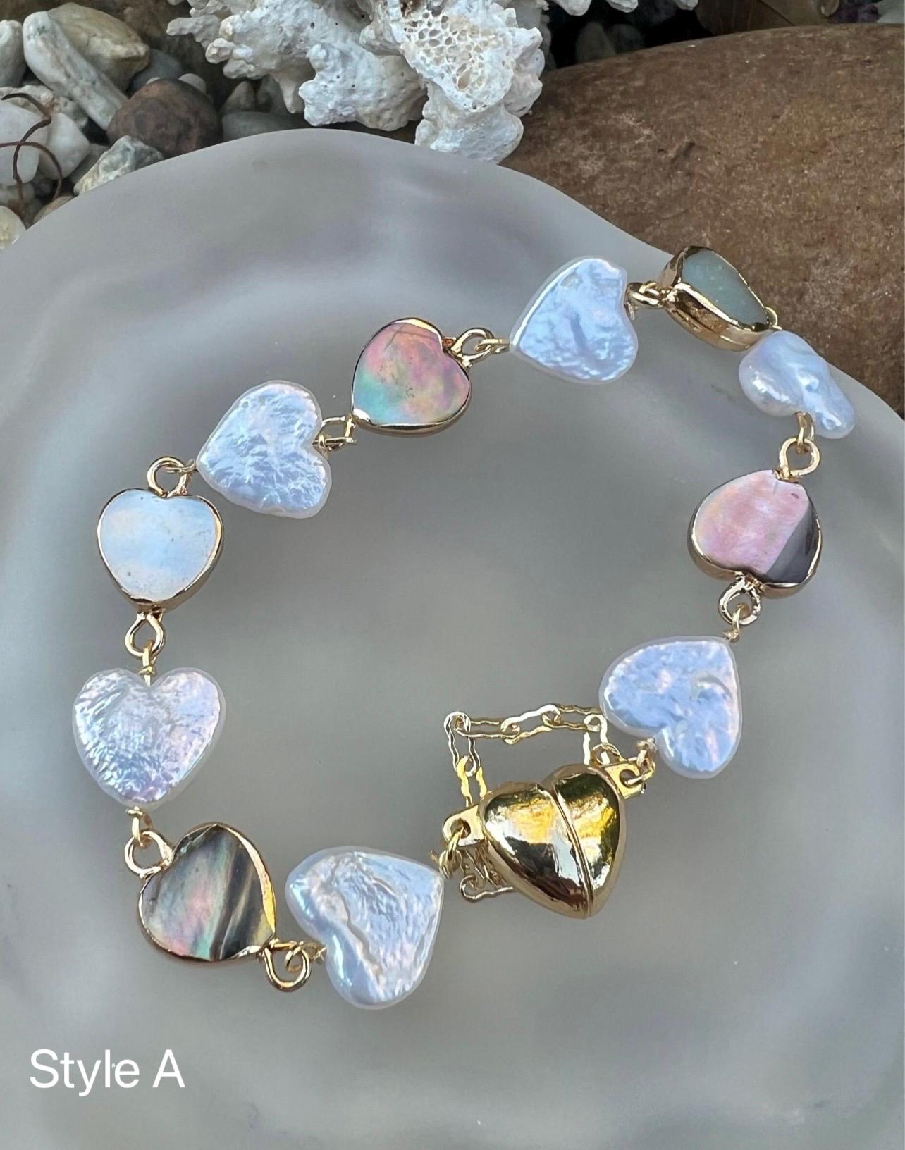 14K gold filled multicolored Genuine pearl heart elegant bracelet. Dainty bracelet. Valentines bracelet. Gift for her.