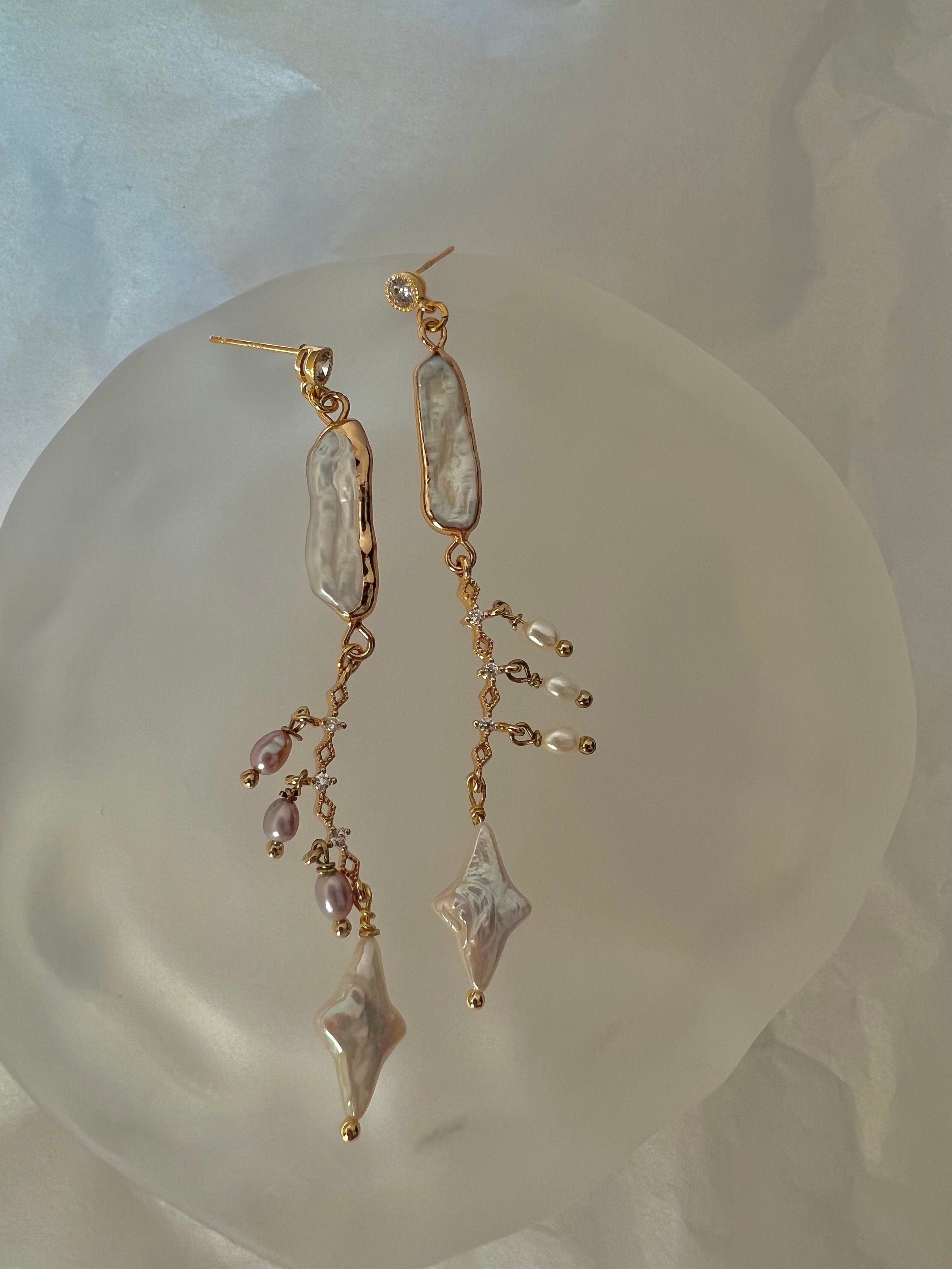Genuine freshwater irregular baroque pearl long dangle star earrings . Unbalanced. Bridal boho pearl earrings. Art deco pearl earrings.