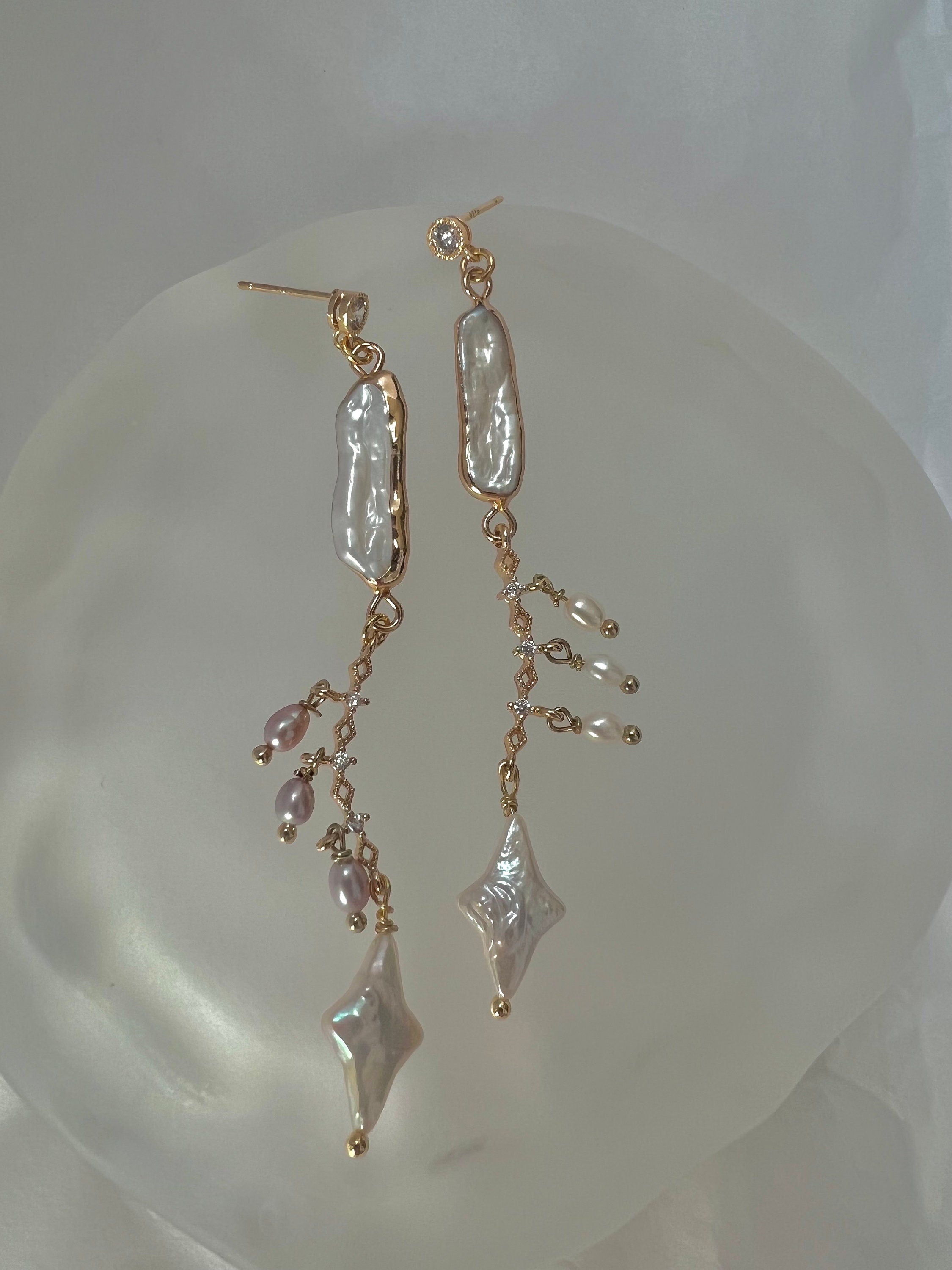 Genuine freshwater irregular baroque pearl long dangle star earrings . Unbalanced. Bridal boho pearl earrings. Art deco pearl earrings.