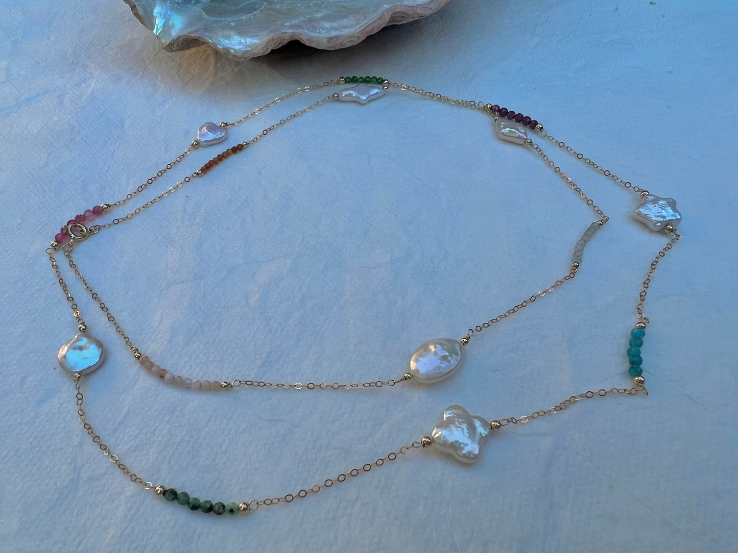 14K gold filled Freshwater baroque pearls natrul gemstone long necklace. Layered necklace. Muilti-color necklace. Gift for her.