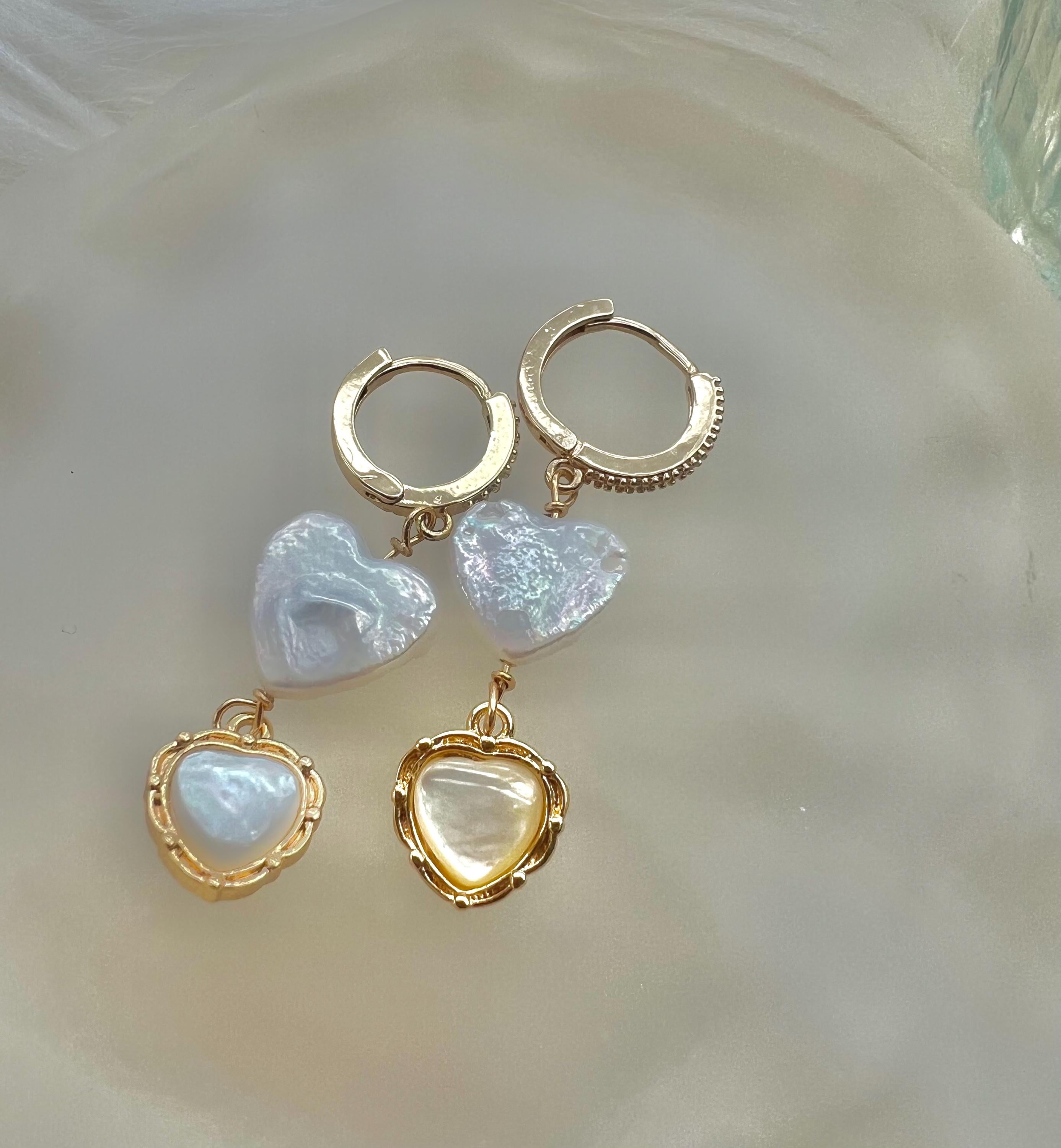 Heart shaped freshwater pearl mother of pearl hoop earring. Elegant earrings. Bridal earrings. Gift for her.