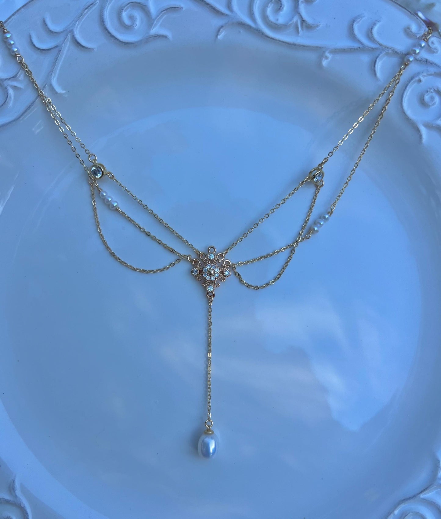 Vintage style freshwater pearl filigree necklace. Art nouveau necklace. Diamonds necklace. Victoria style necklace. Gift for her