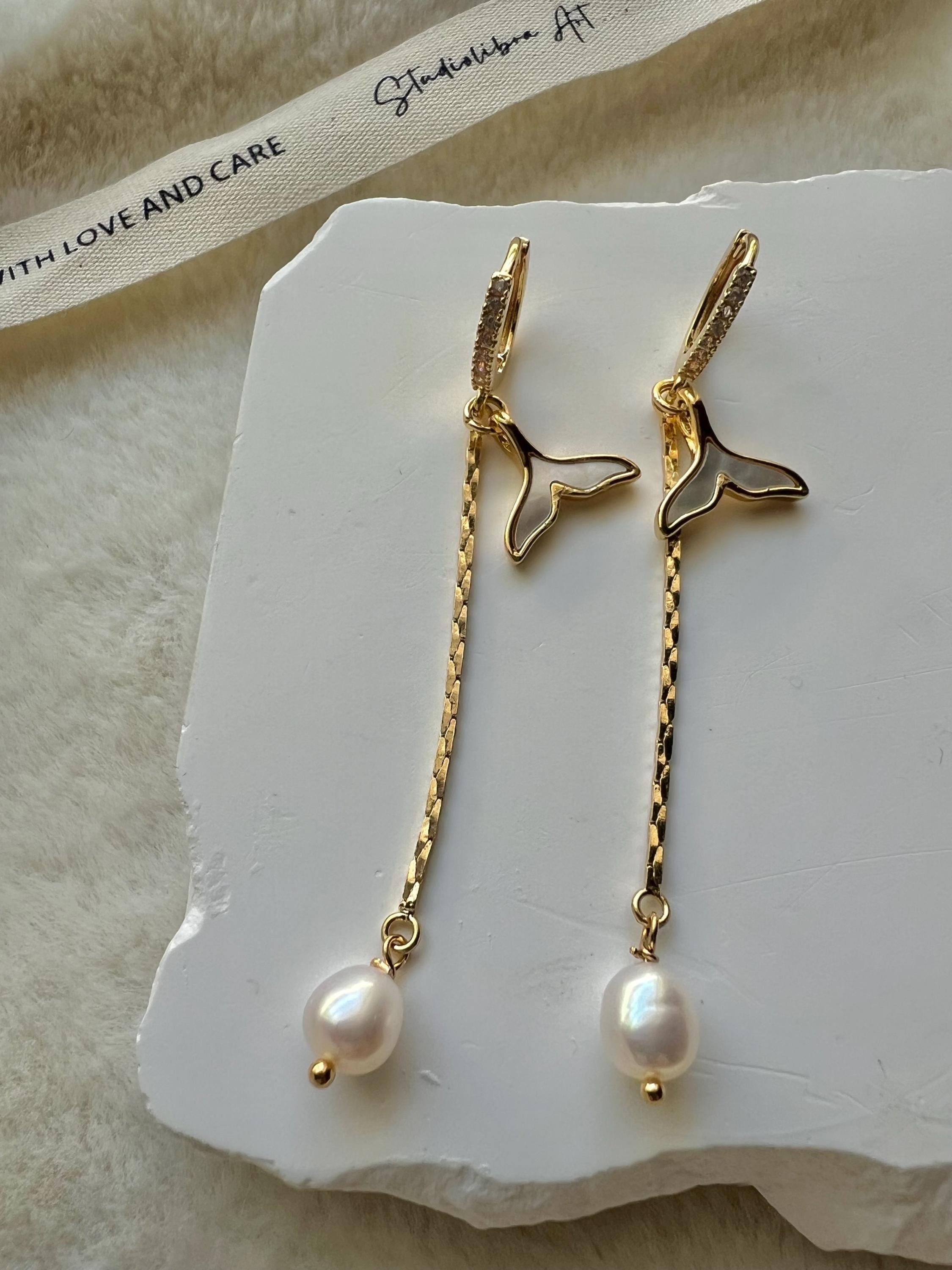 Chic sparkling crystal mermaid freshwater pearl hoop dangle earring. Diamond earrings. Bridal earrings. Gift for her.
