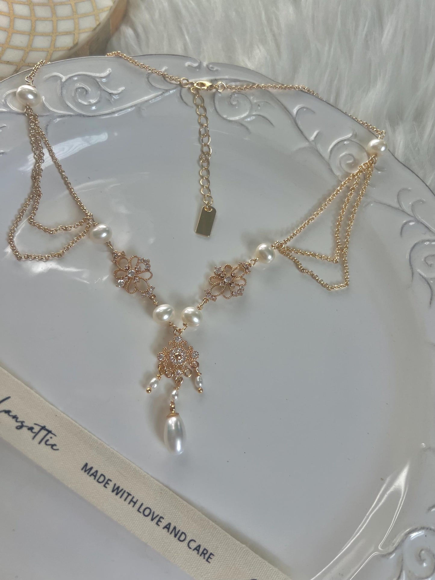 Vintage style freshwater pearl filigree necklace. Art nouveau necklace. Diamonds necklace. Victoria style necklace. Gift for her