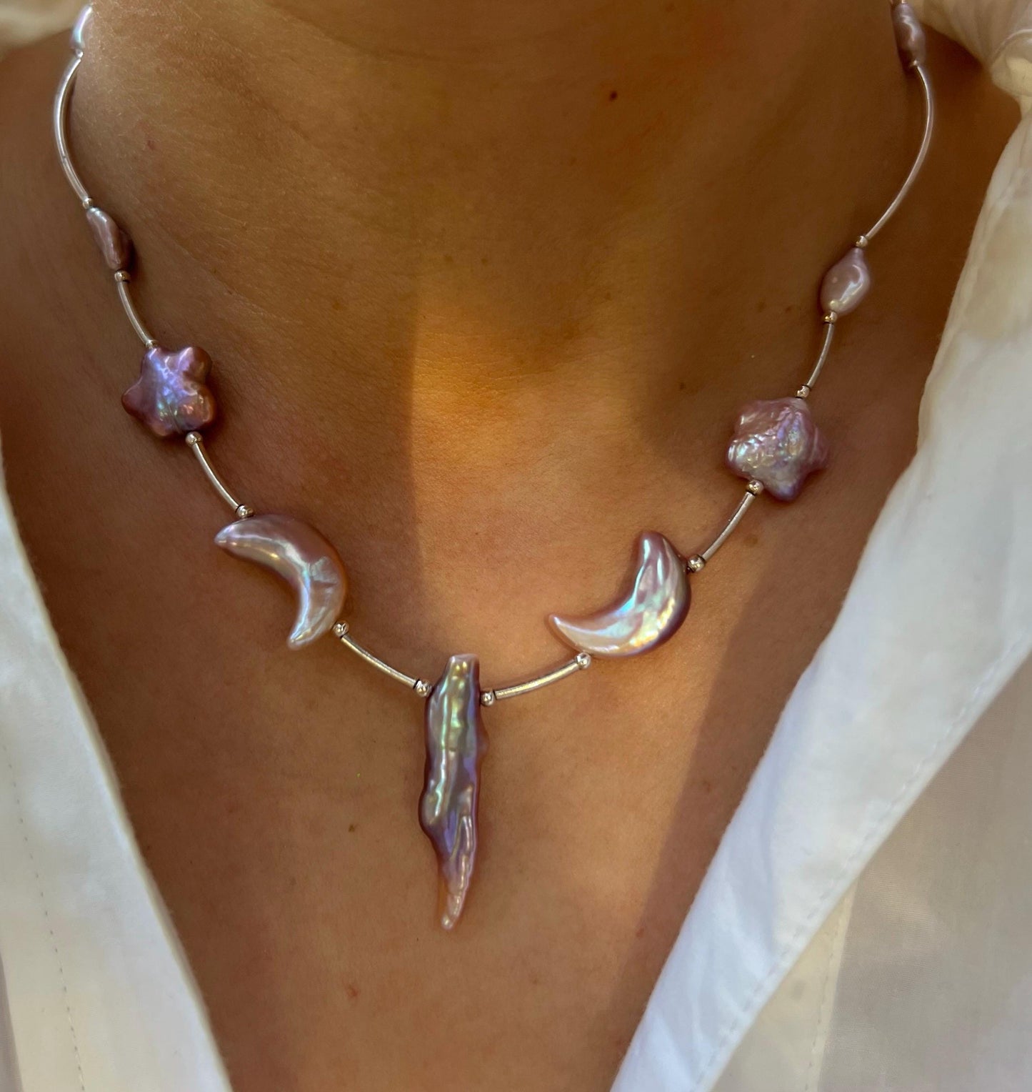 925 sterling silver Freshwater celestial baroque pearl bracelet. Iridescent pearl bracelet.  Moon and star necklace/bracelet. Gift for her