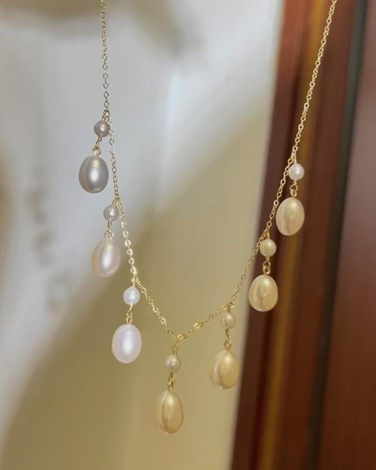14K gold filled freshwater pearl France style lace necklace. Multiple-Layered dangle pearl necklace. Wedding necklace. Bridal necklace.