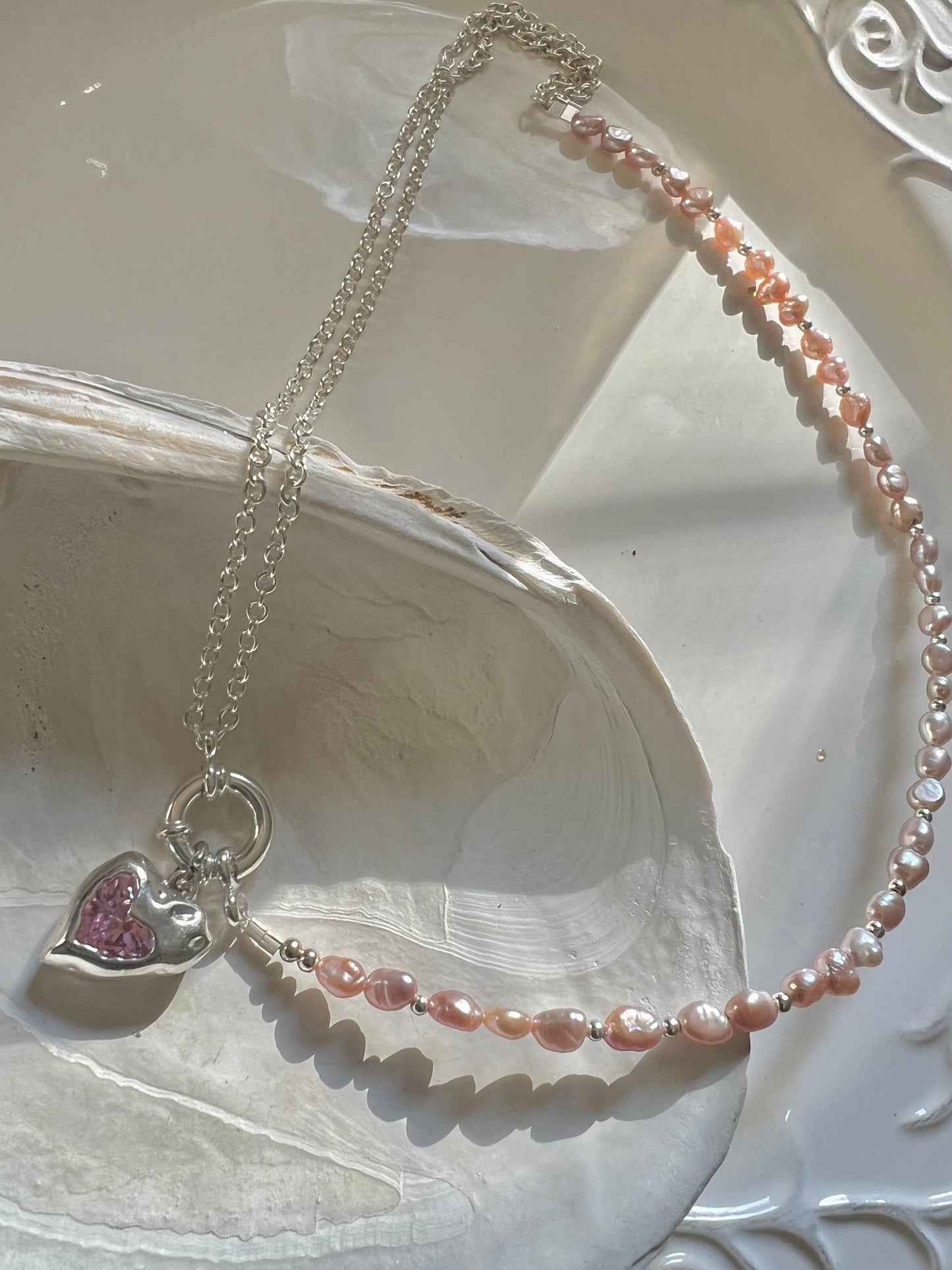 925 sterling silver freshwater pink pearl layered necklace. Heart Necklace. Dainty necklace. Chic pearl necklace.
