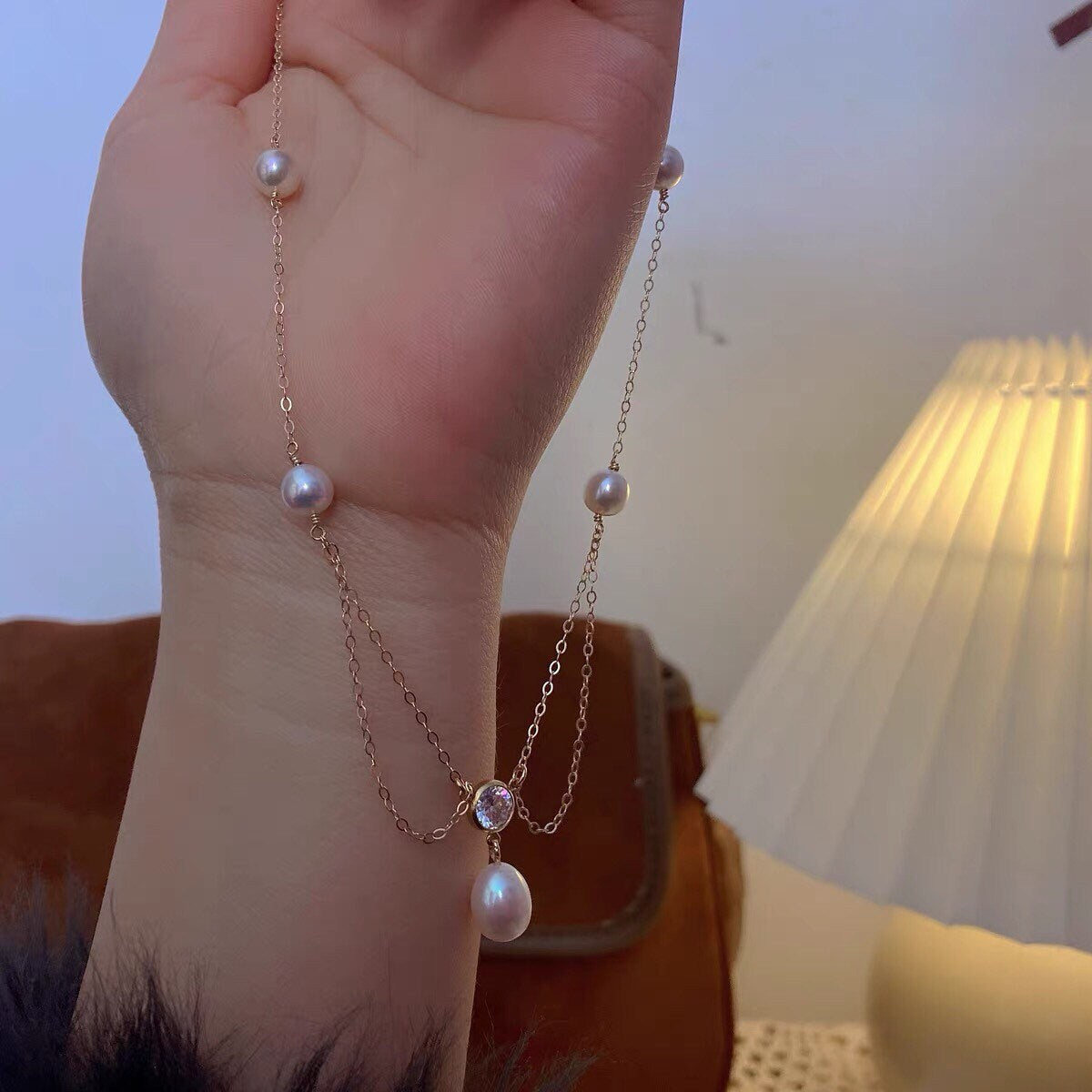 14k gold filled freshwater pearl France style double chain elegant dangle necklace. Wave necklace. Bridal necklace.