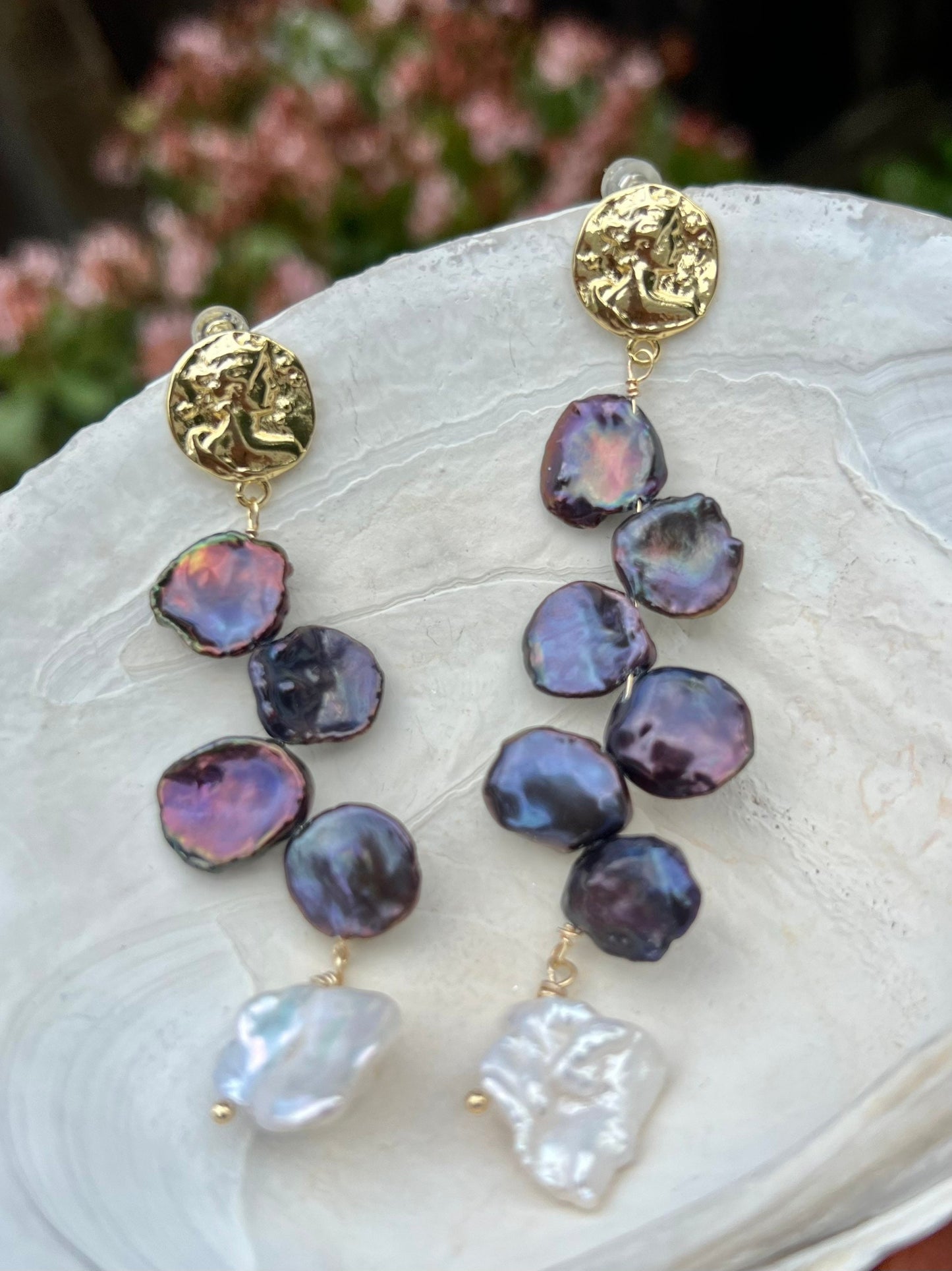 High quality luster Freshwater big Petal multicolored pearl dangle earrings. Chic mismatched earrings. Wedding pearl earrings.