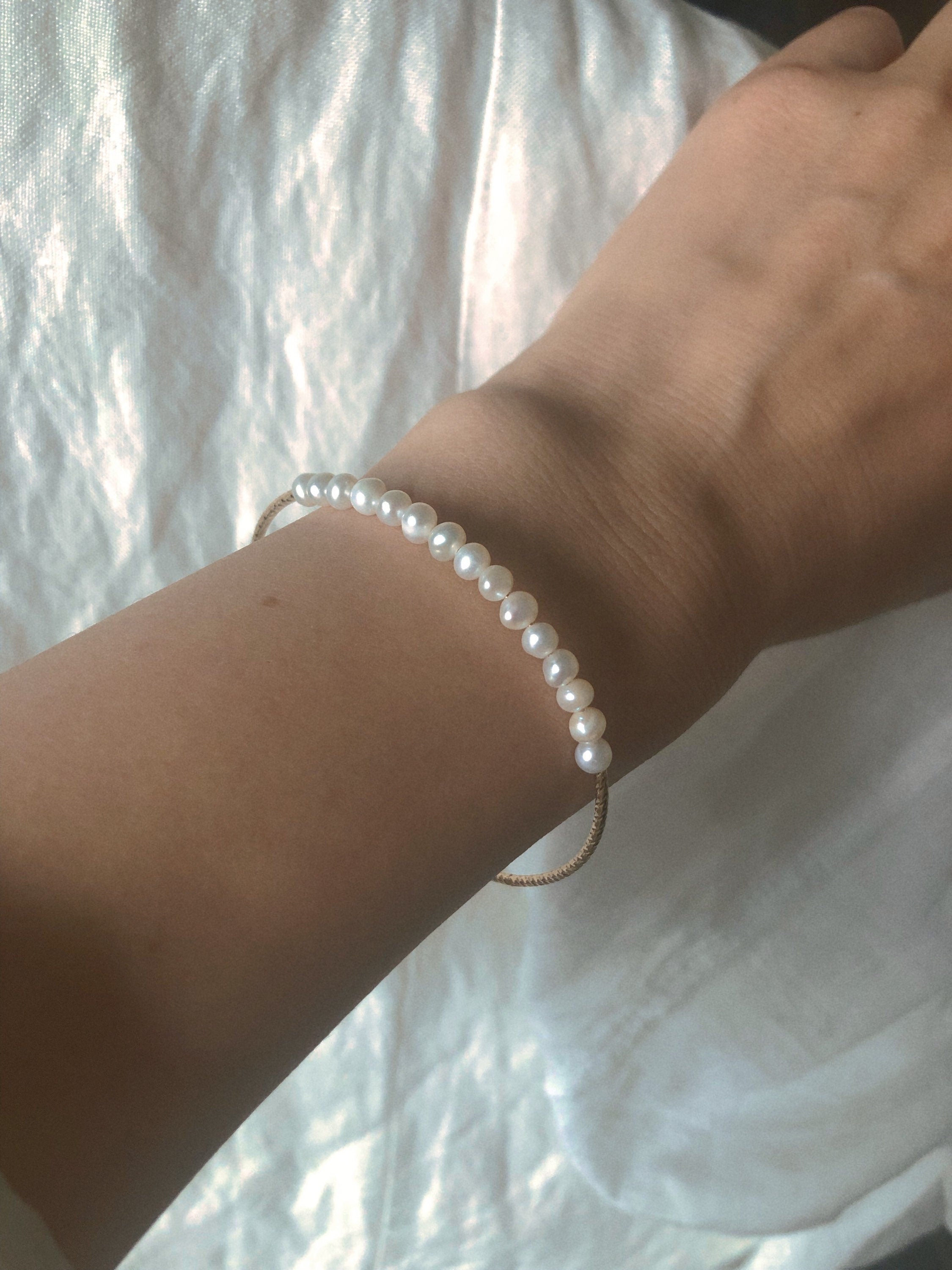Handmade wire wrapped genuine freshwater pearls open cuff bangle. Wedding pearl bracelet/bangle. Elastic bangle Dainty bangle/bracelet. Gift