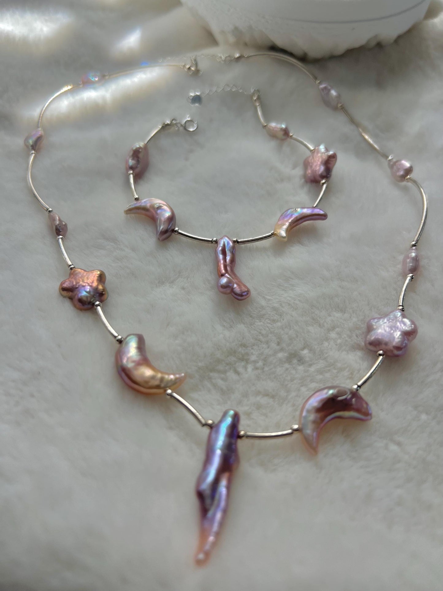 925 sterling silver Freshwater celestial baroque pearl bracelet. Iridescent pearl bracelet.  Moon and star necklace/bracelet. Gift for her