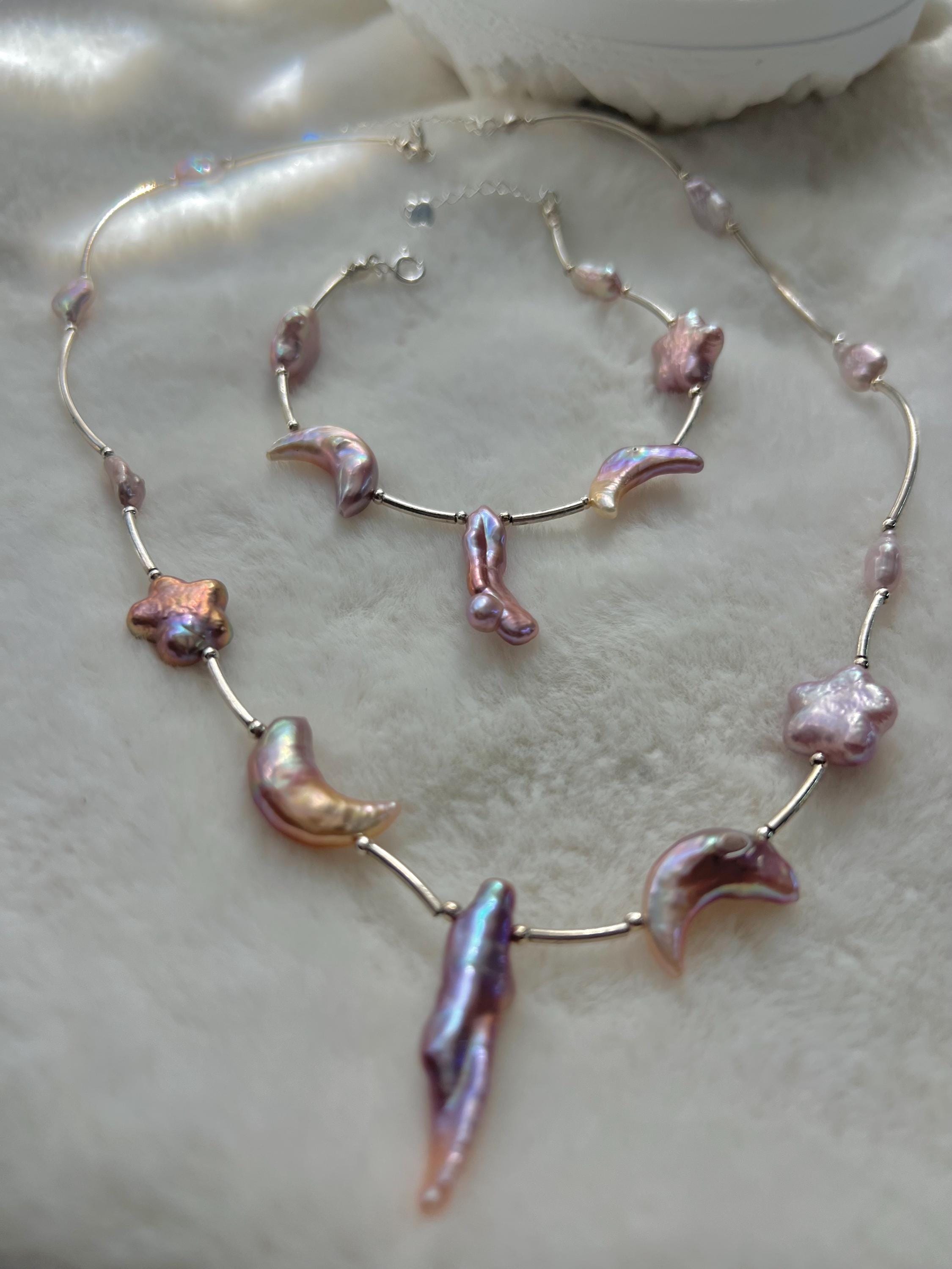925 sterling silver Freshwater celestial baroque pearl bracelet. Iridescent pearl bracelet.  Moon and star necklace/bracelet. Gift for her