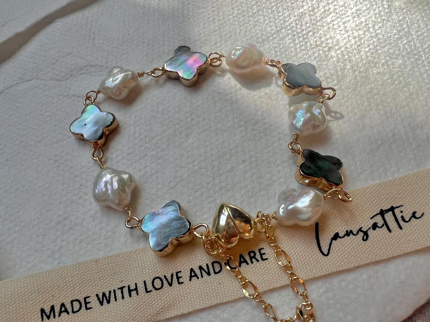 Freshwater multiple-color baroque clover pearl and mother of pearl clover bracelet. White four leaf flower bracelet.  Lucky bracelet.
