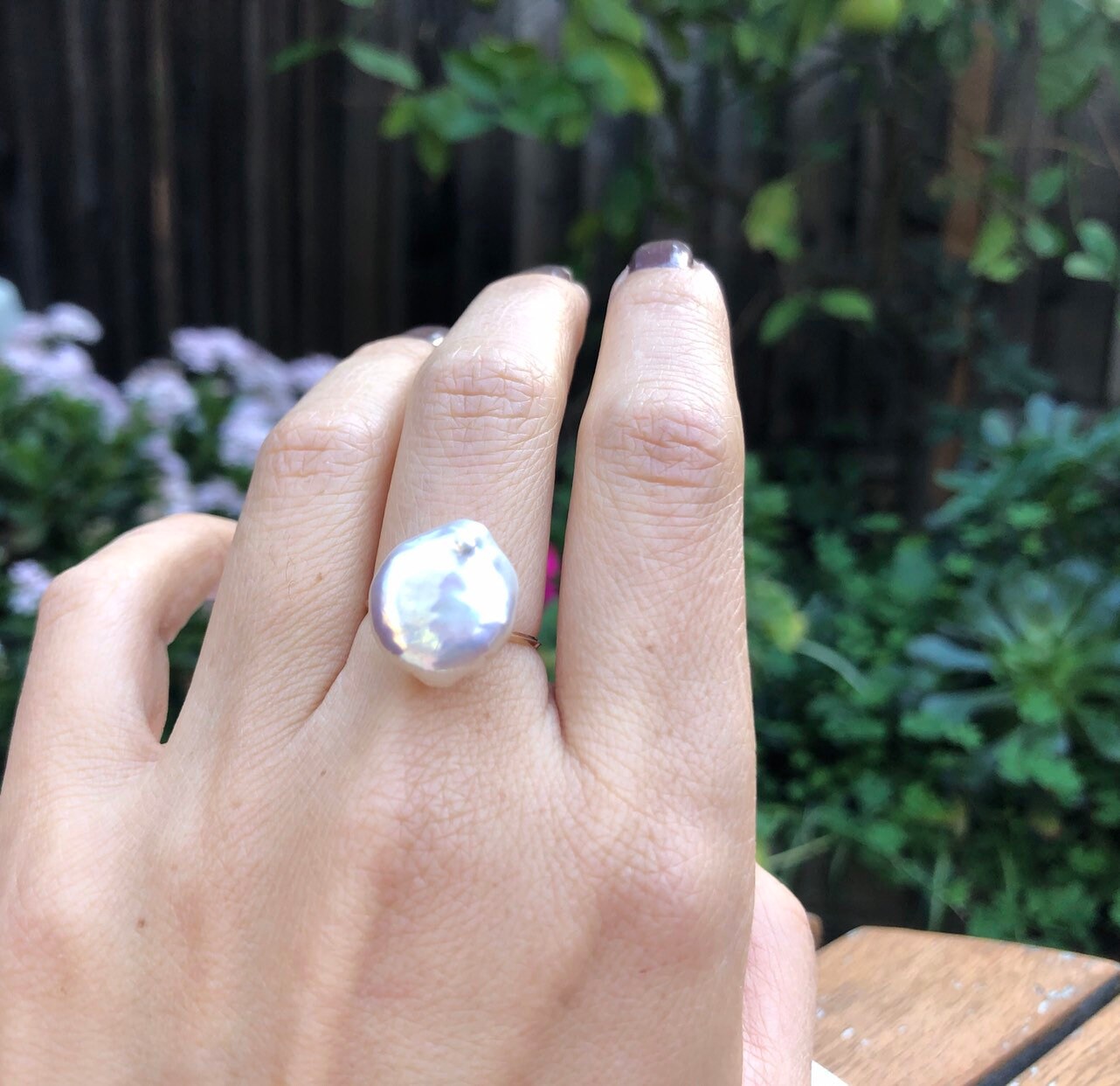 14K gold filled baroque keshi coin pearl ring. Minimalist pearl ring. Dainty high quality luster freshwater pearl ring. Gift for her.