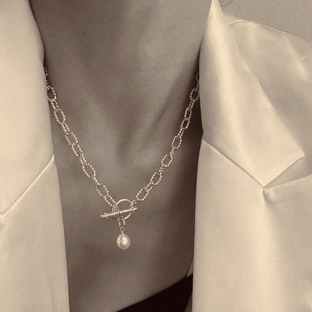 925 sterling sliver freshwater high luster baroque pearl sparkle chain charm OT clasp necklace. Minimalist pearl necklace. gift for her.