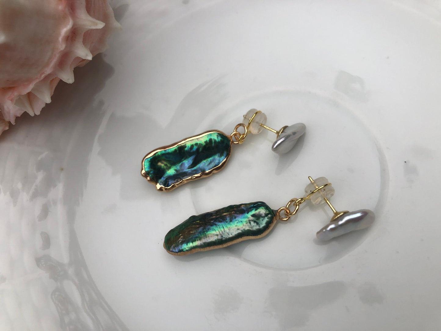 Peacock Baroque pearls front back stud earring. Unique large irregular pearl earring. Green and blue baroque pearl drop earring. Wedding.