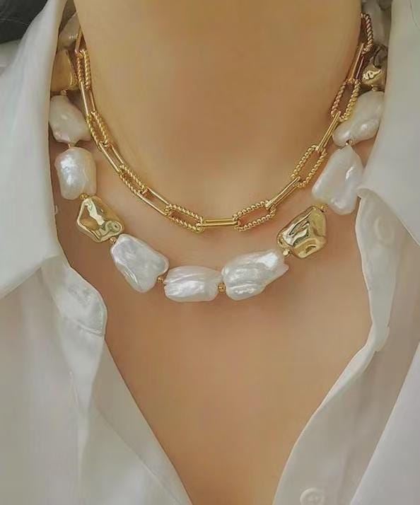 Freshwater baroque rectangular pearl nugget toggle necklace. High luster baroque pearl necklace. Chunky necklace. Gift for her.