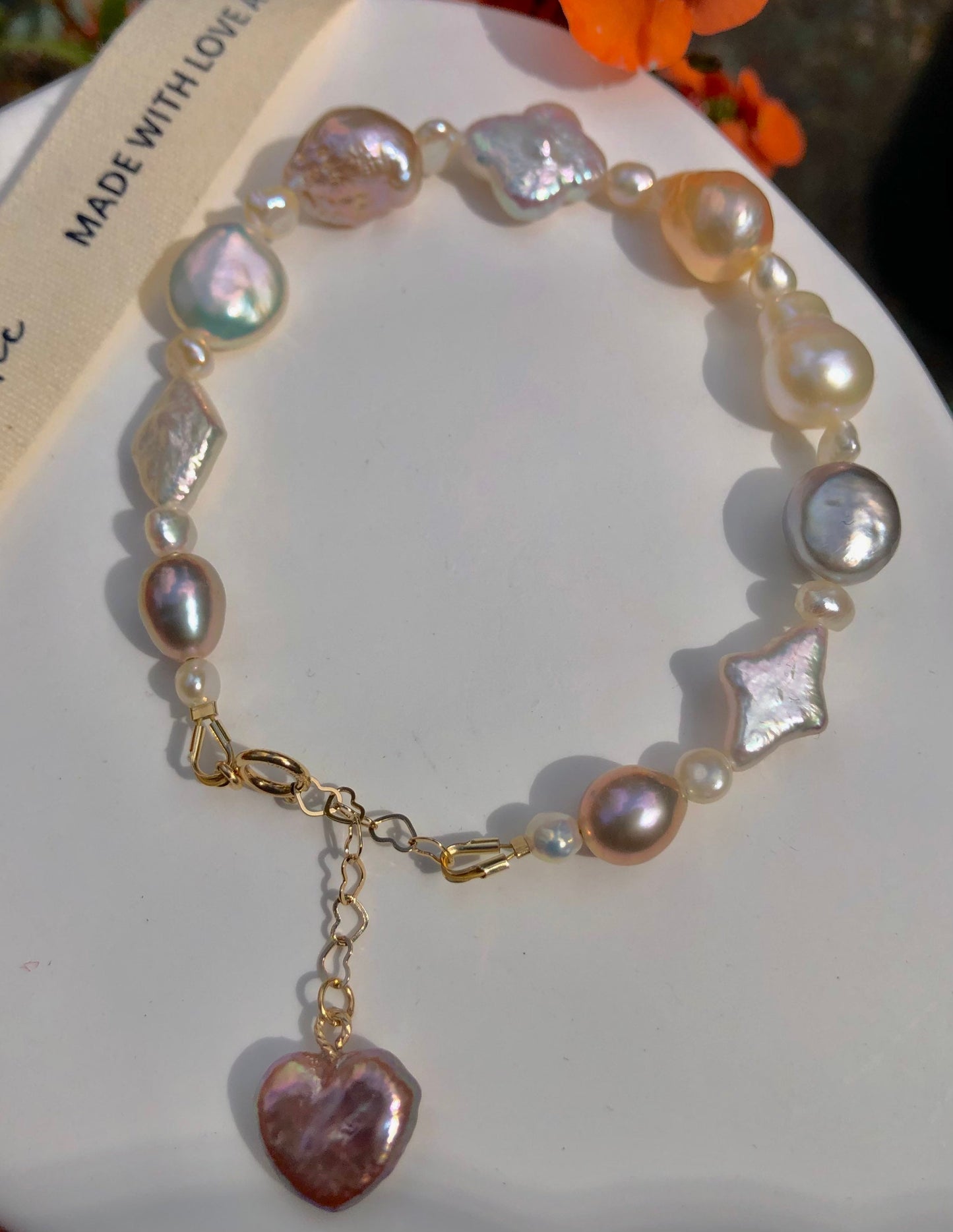 14K gold filled Freshwater pearl bracelet. Art Deco bracelet. Baroque pearl bracelet. Candy bracelet. Multi-color multi-shape bracelet.