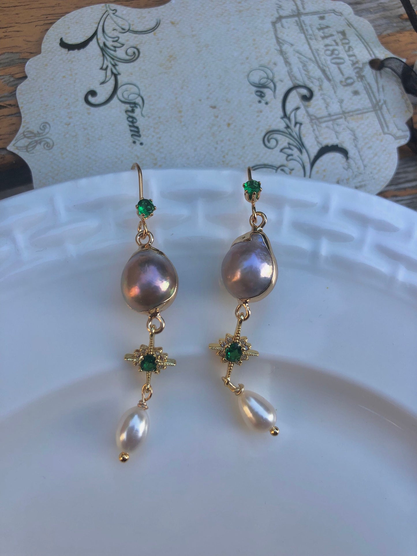 Victoria style elegant baroque pearl dainty earring. Delicate zircon earring. France style design earrings. Emerald earring