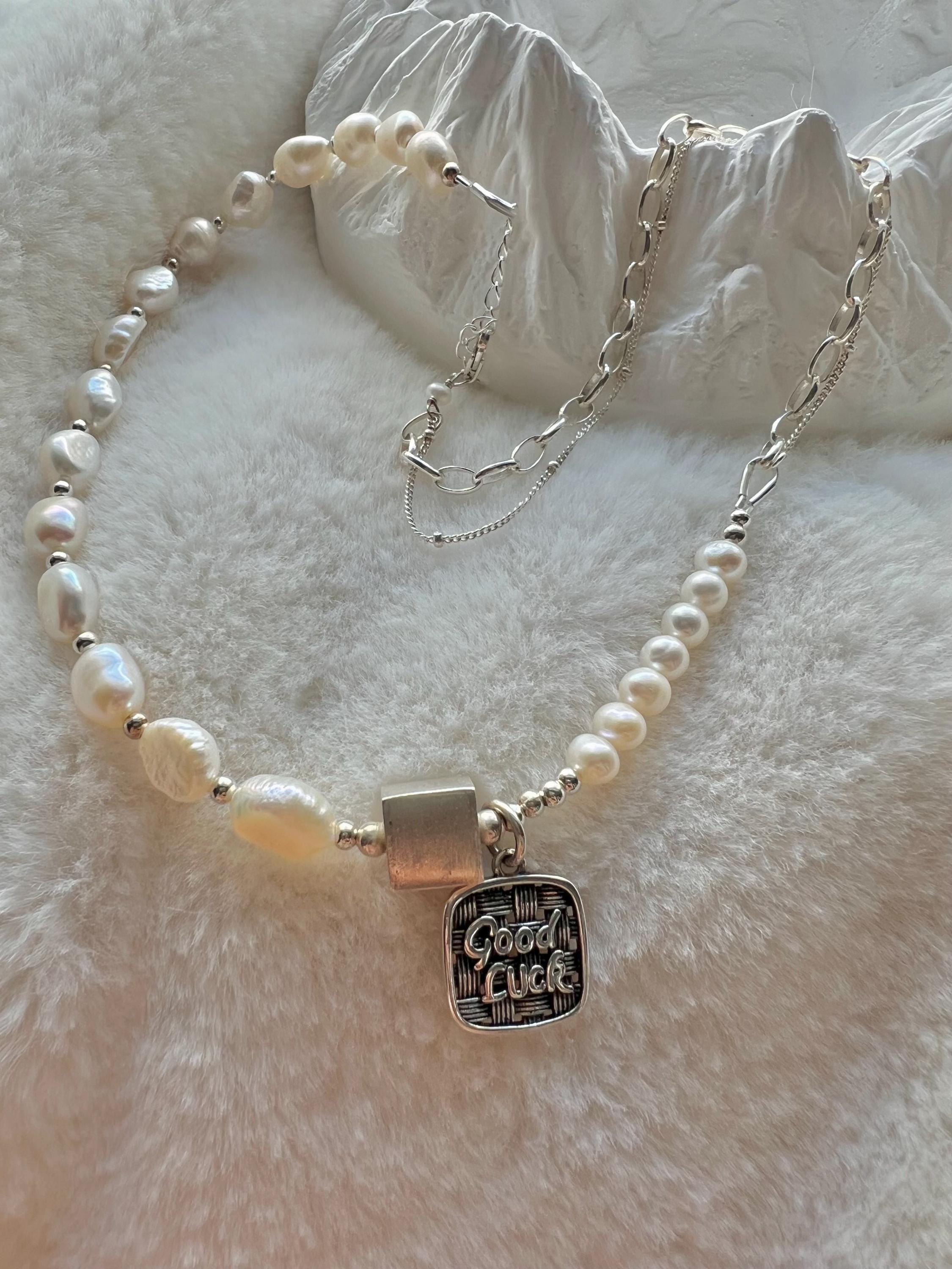 925 sterling silver freshwater pearl half chain layered lucky charm necklace. Real pearl statement necklace. Boho necklace. Chunky necklace.
