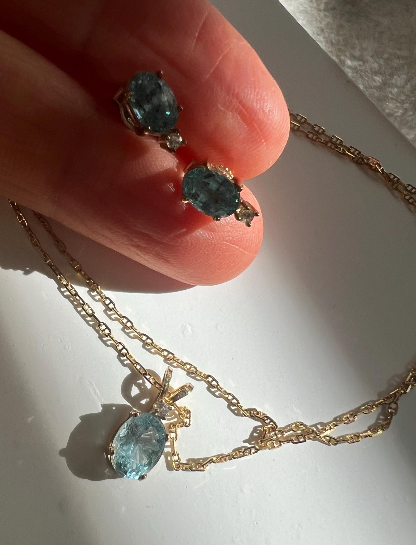 14K solid gold Blue Topaz diamond jewelry set. vintage brand jewelry set.