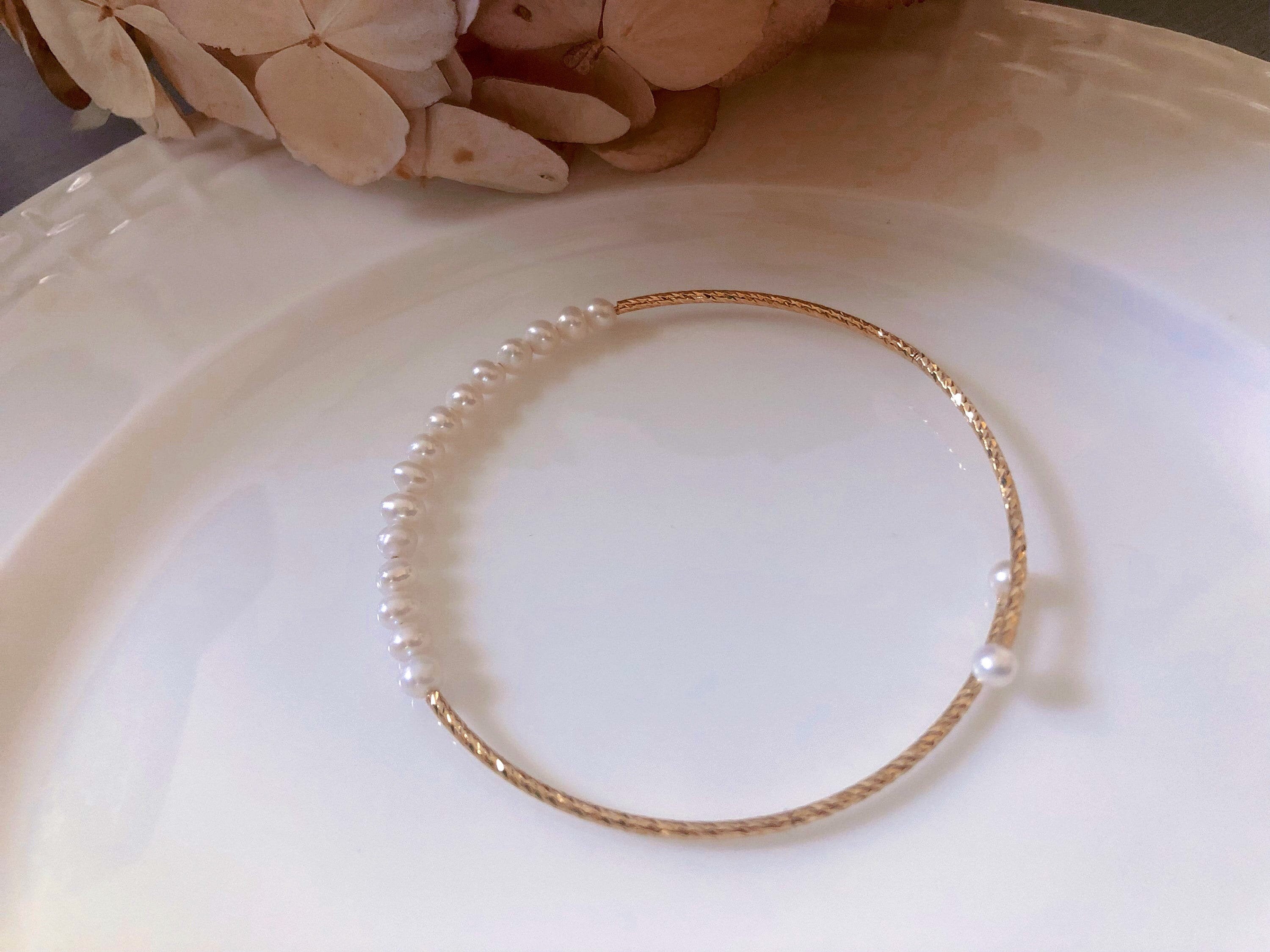 Handmade wire wrapped genuine freshwater pearls open cuff bangle. Wedding pearl bracelet/bangle. Elastic bangle Dainty bangle/bracelet. Gift