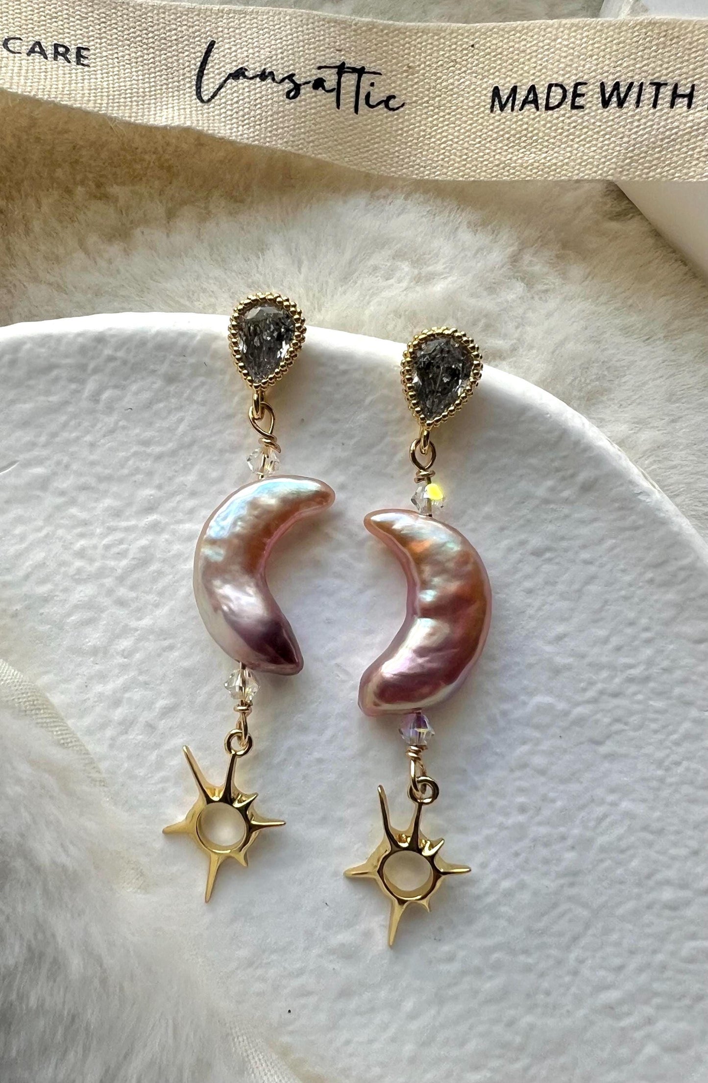 Moon shaped freshwater baroque pearl earring. Moon and star earrings. Crystal dangle Bridal earrings. Space sparkle earrings.