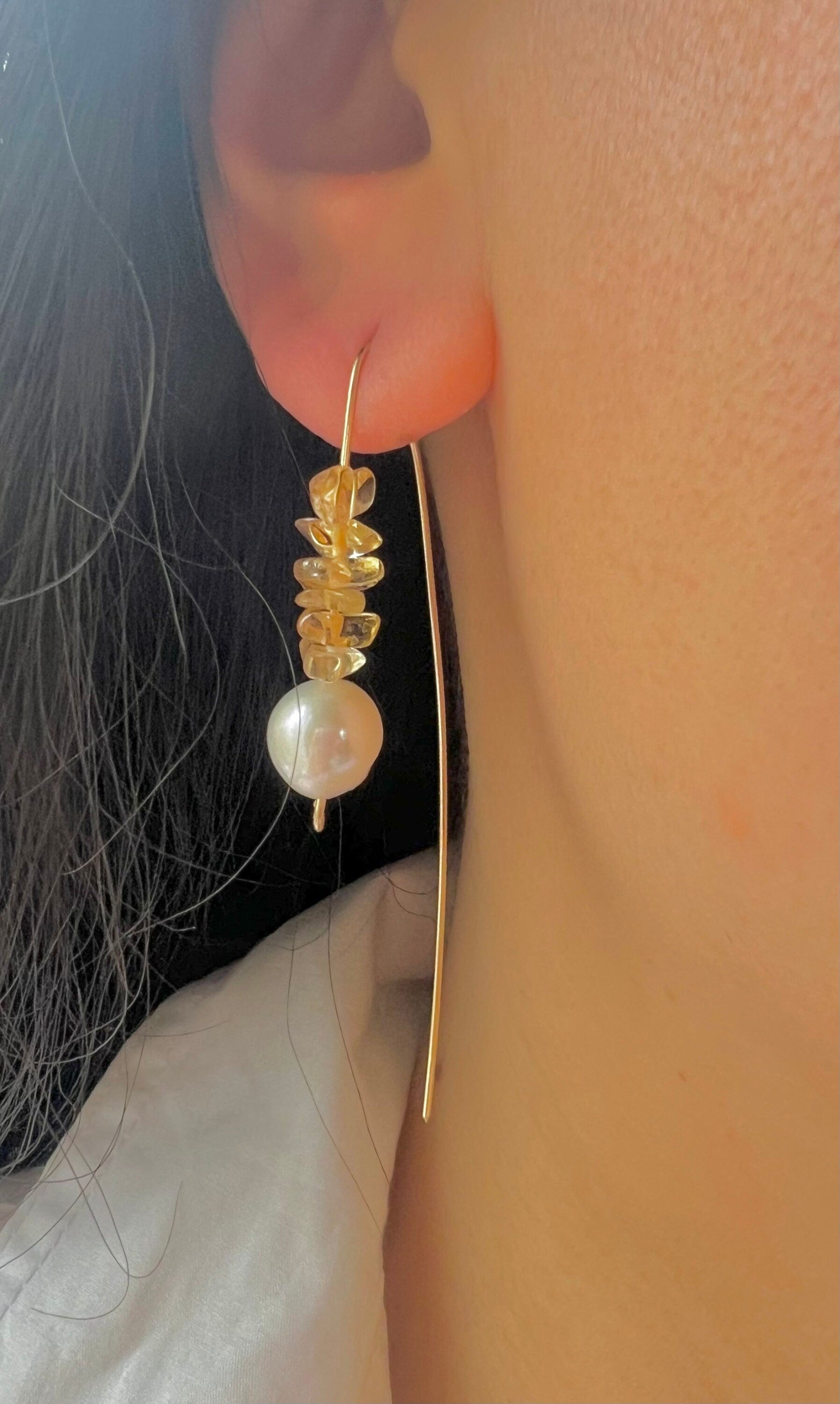 14K gold filled wire wrapped Genuine gemstones dangle charm freshwater pearl earrings. tourmaline earrings. Candy earrings.