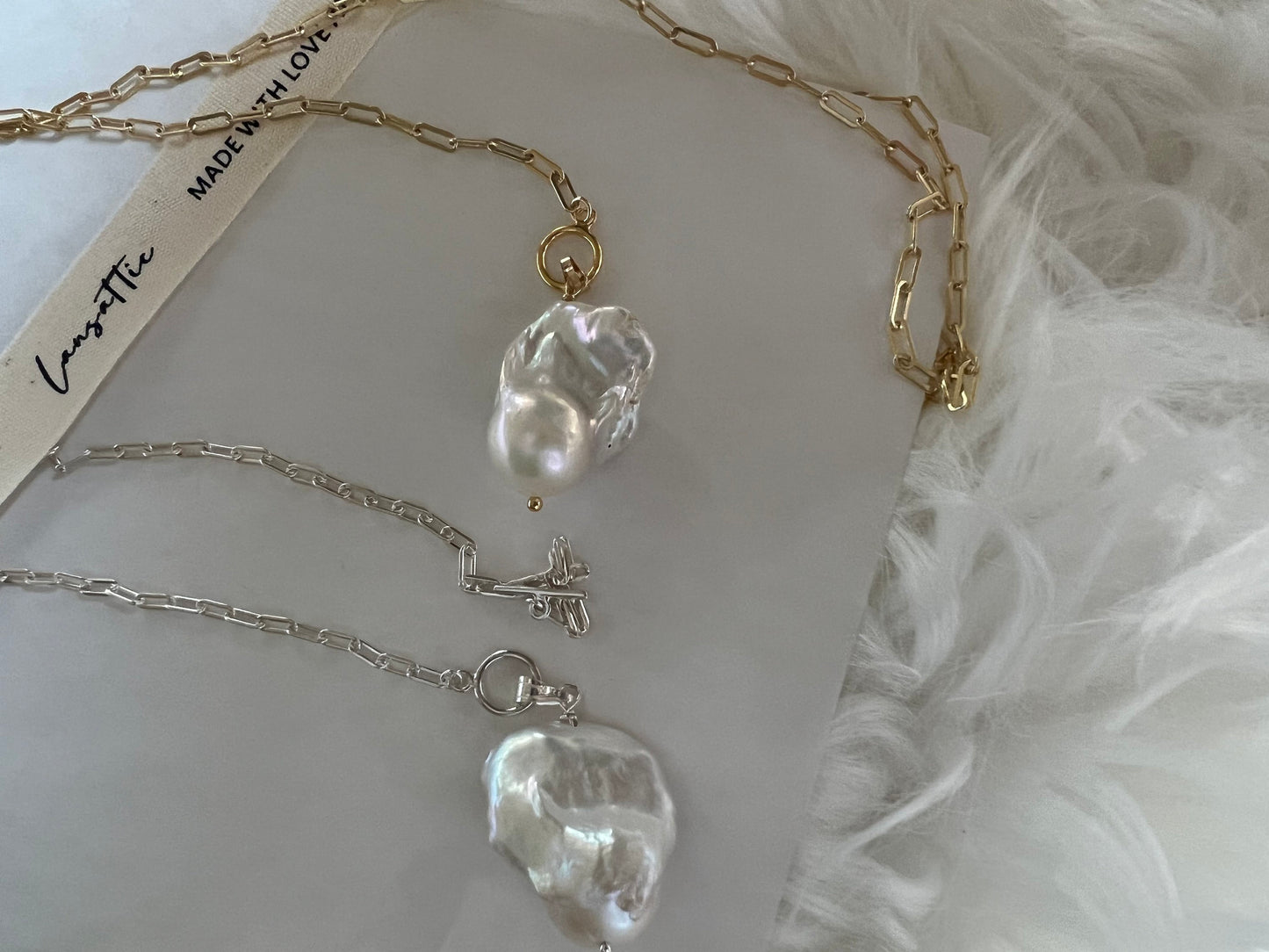 14K gold filled/925 sterling silver dangle high quality luster baroque necklace. Chunky link necklace. Stackable necklace. Gift